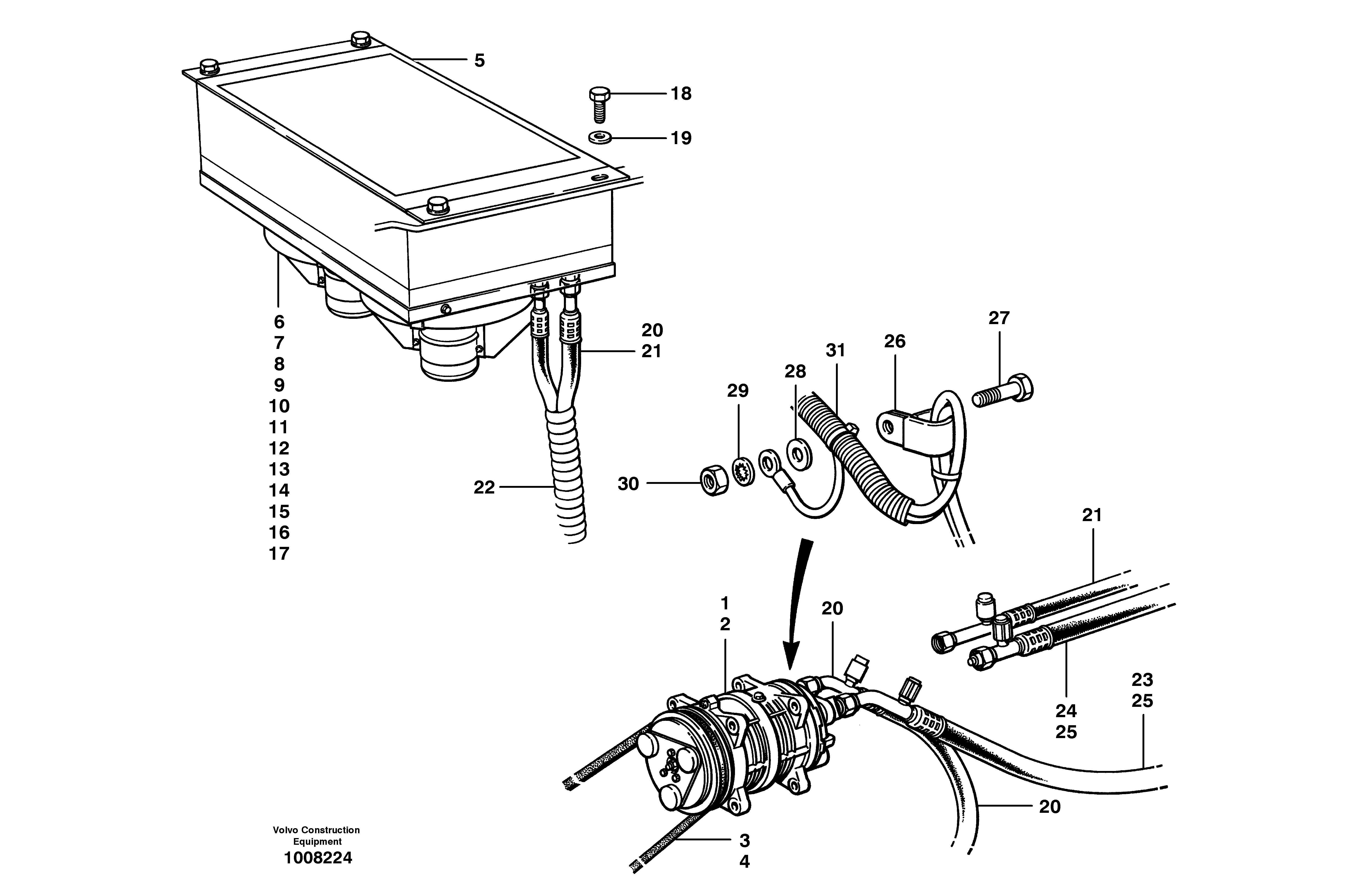 Air conditioning condenser, compressor and hoses  S/N'S 35000 - 35049, 35052 - 35060 — volvo parts diagram