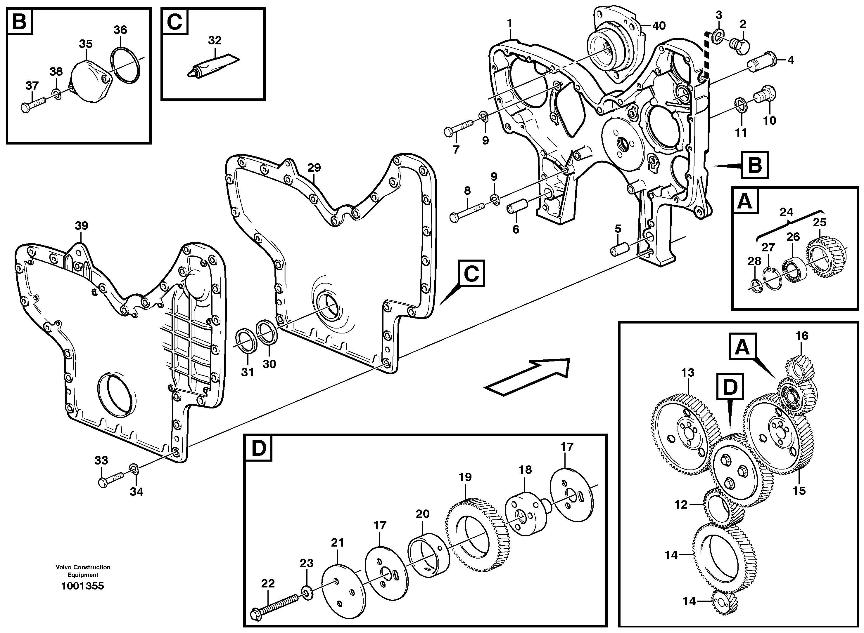 Timing gear casing and gears  G740B, G746B, G780B — volvo parts diagram