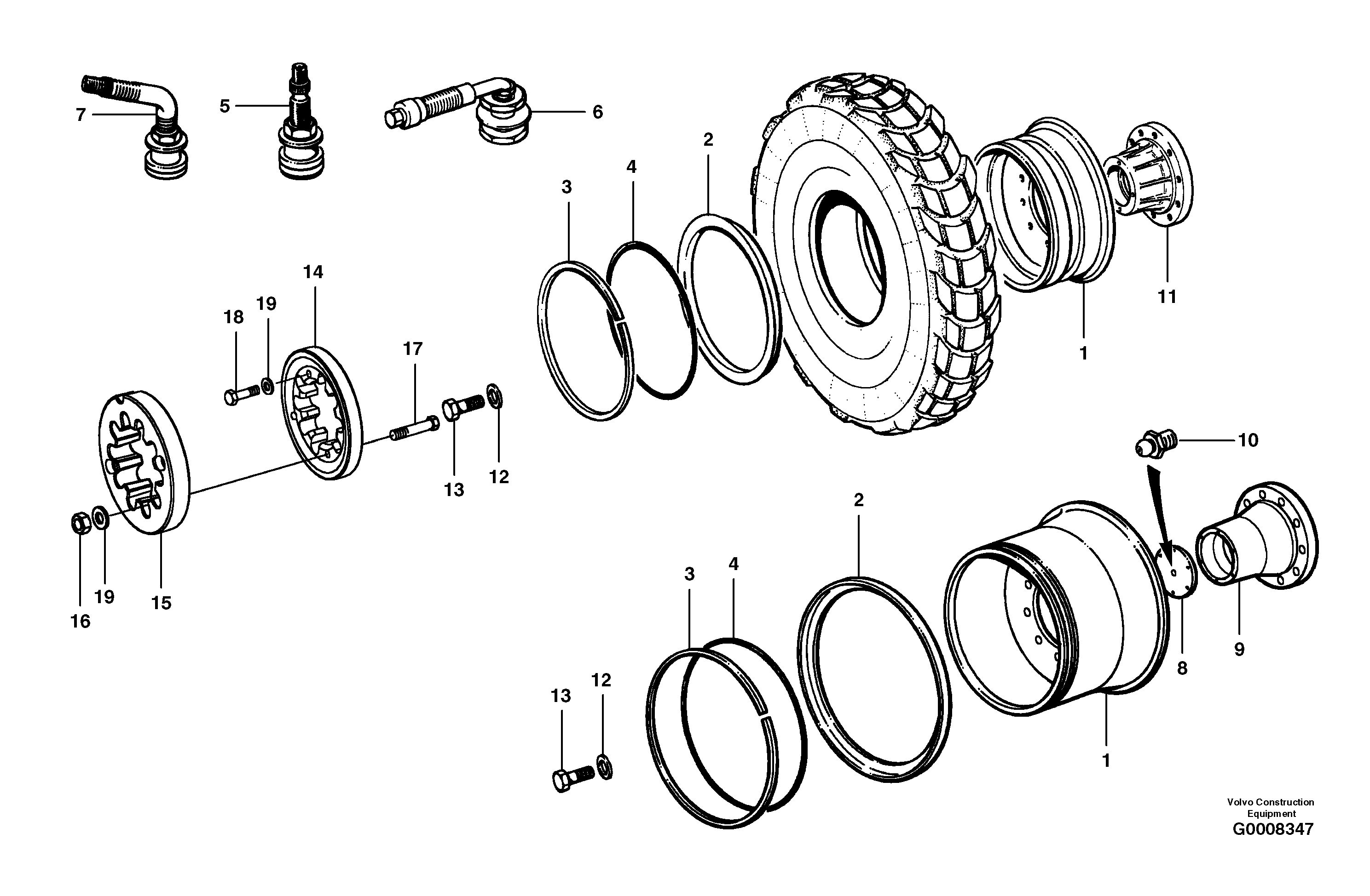 Wheels and rims  S/N 35000 - 35049, 35052 - 35060 — volvo parts diagram