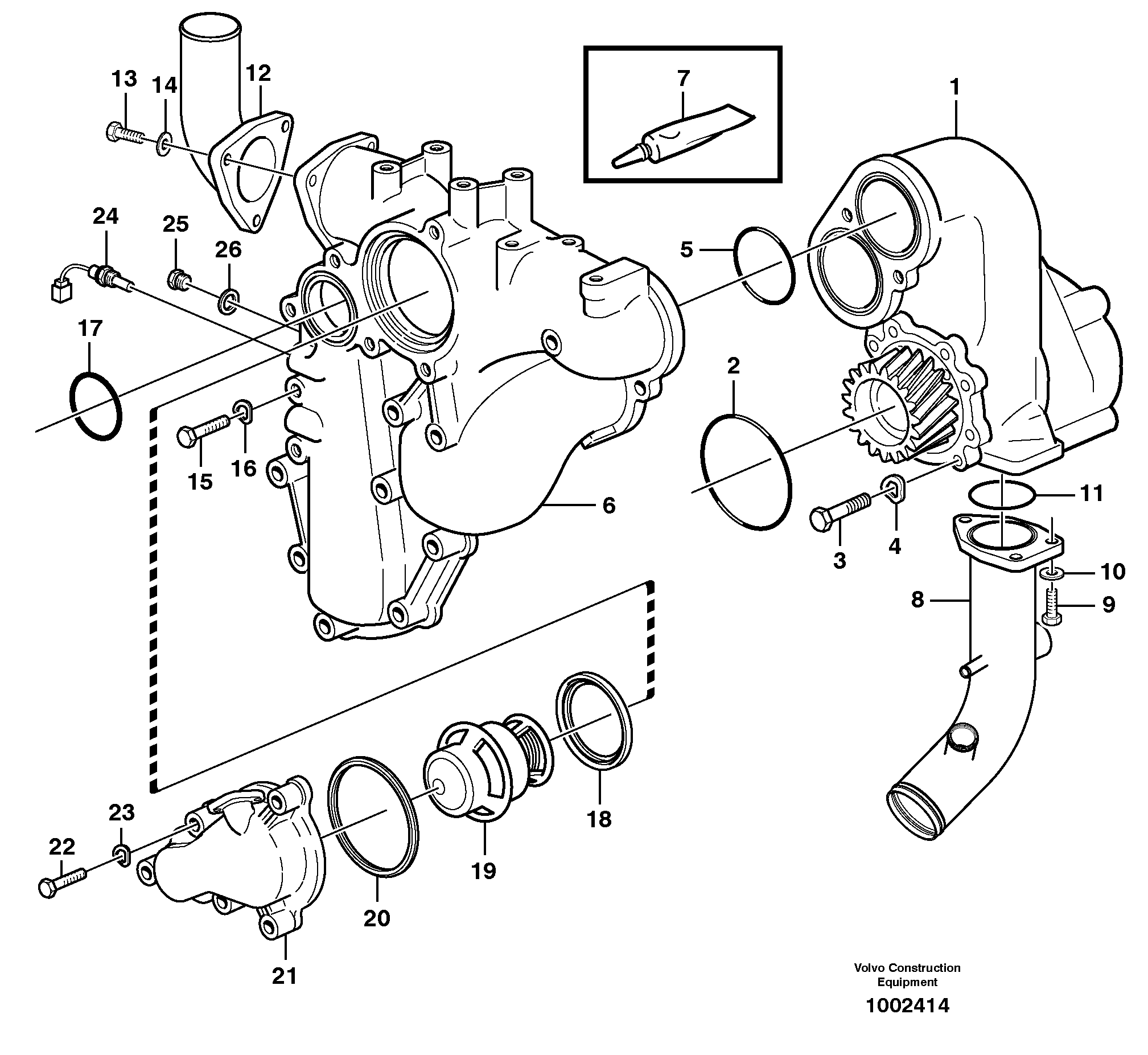 Water pump and thermostat housing  G740B, G746B, G780B — volvo parts diagram