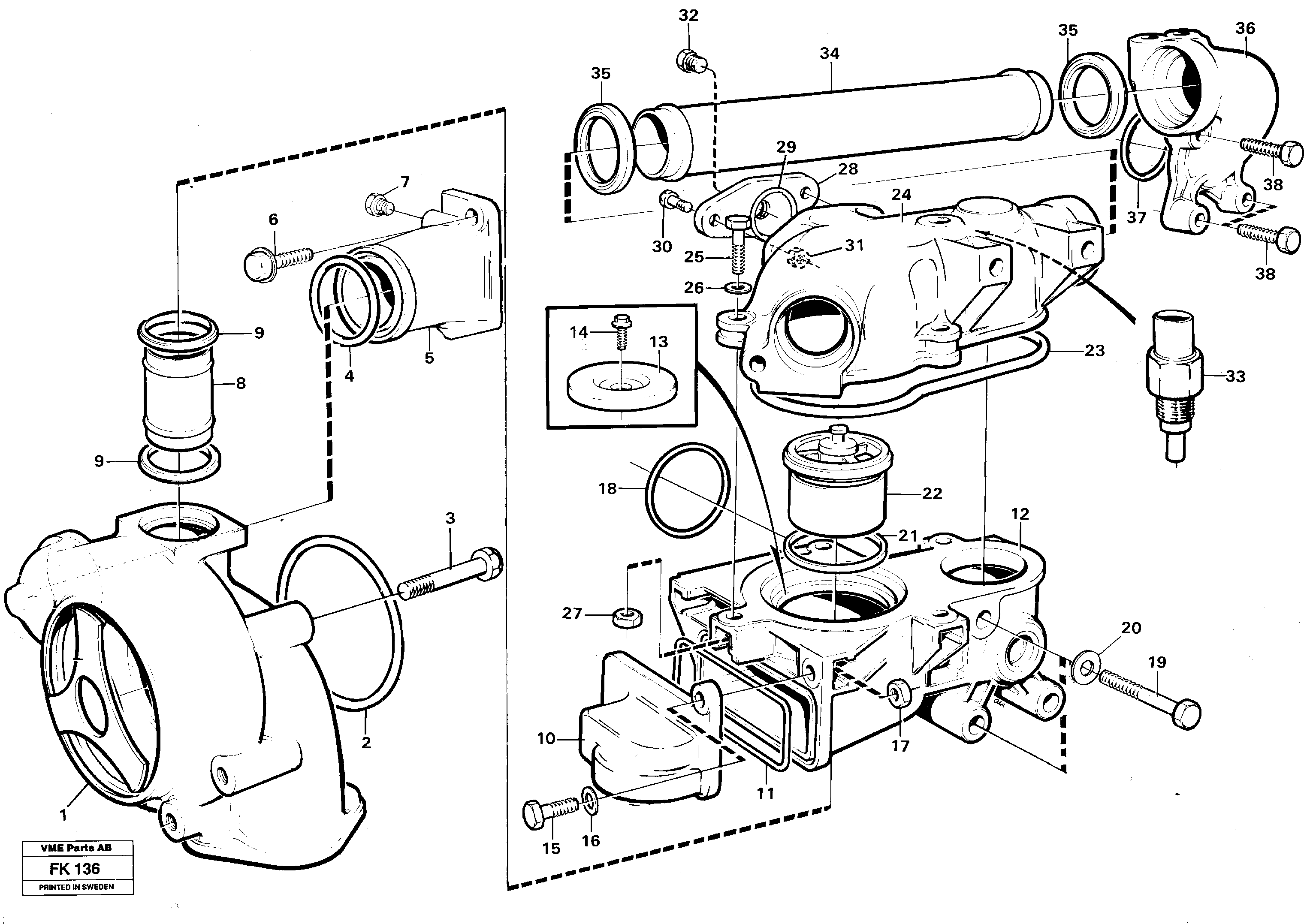 Water pump and thermostat  TD 61 GE — volvo parts diagram
