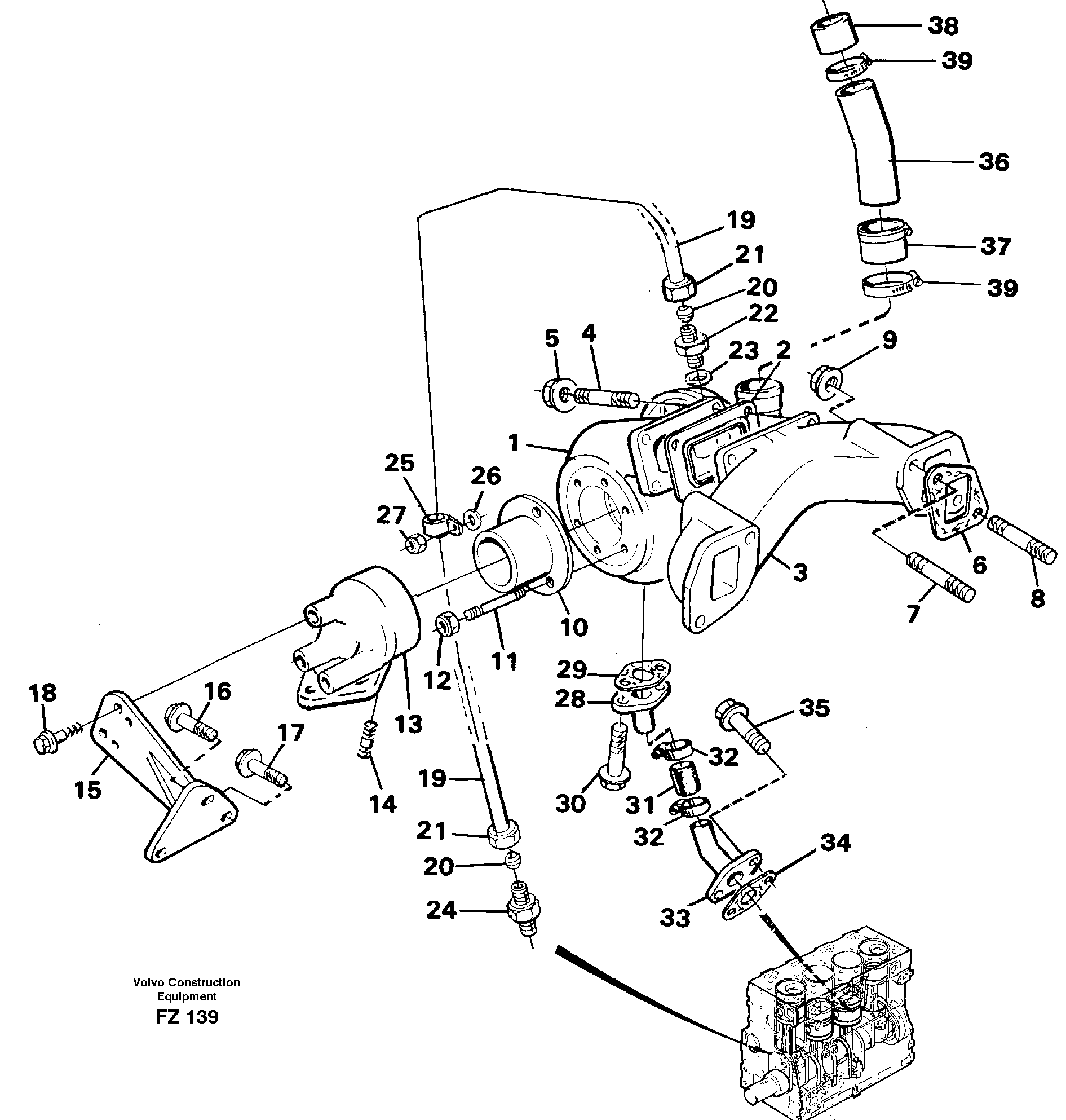 Turbocharger with exhaustmanifold — volvo parts diagram