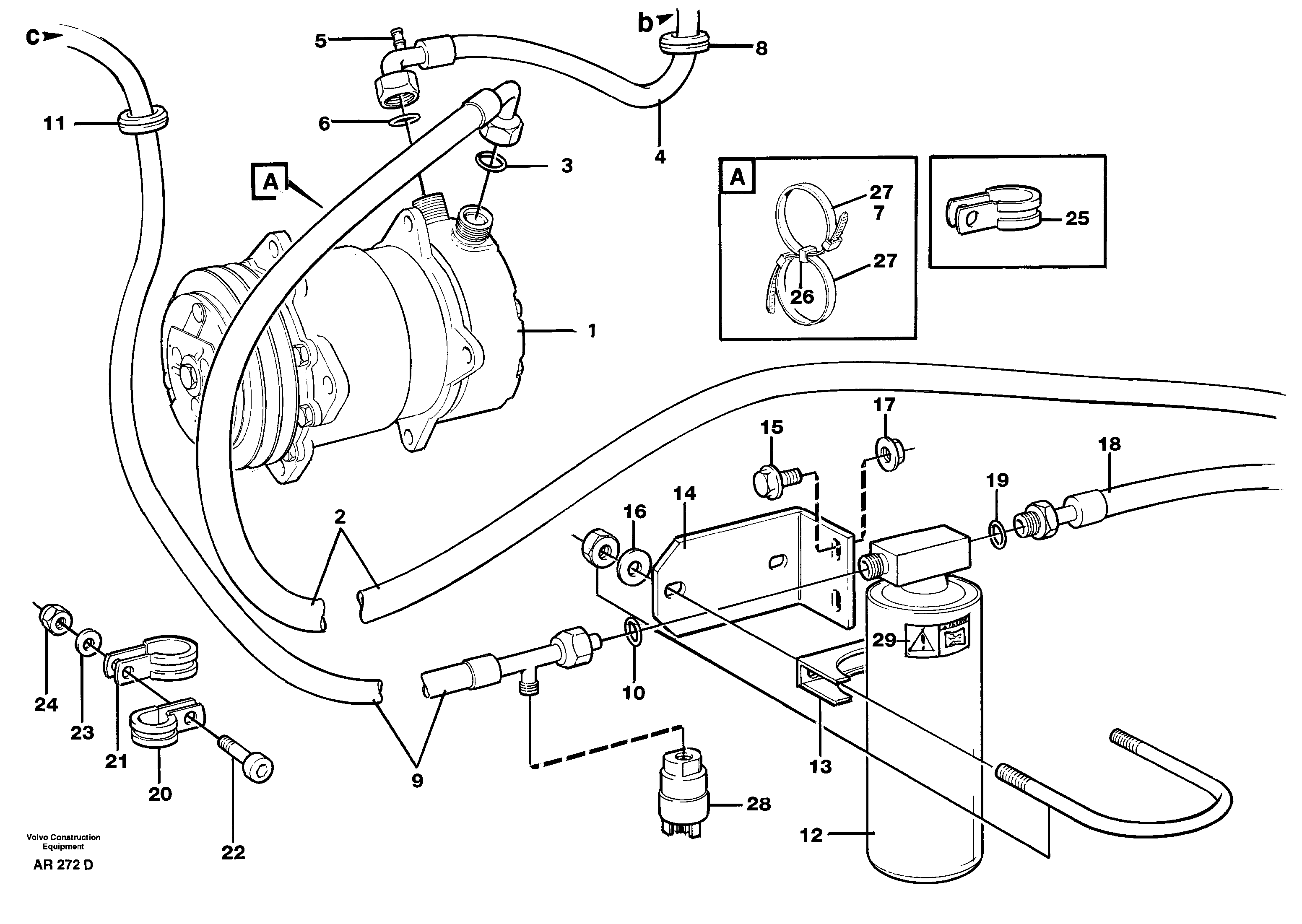 Assembly hoses: Evaparator, receiver drier, condenser.  92161, 93674 — volvo parts diagram