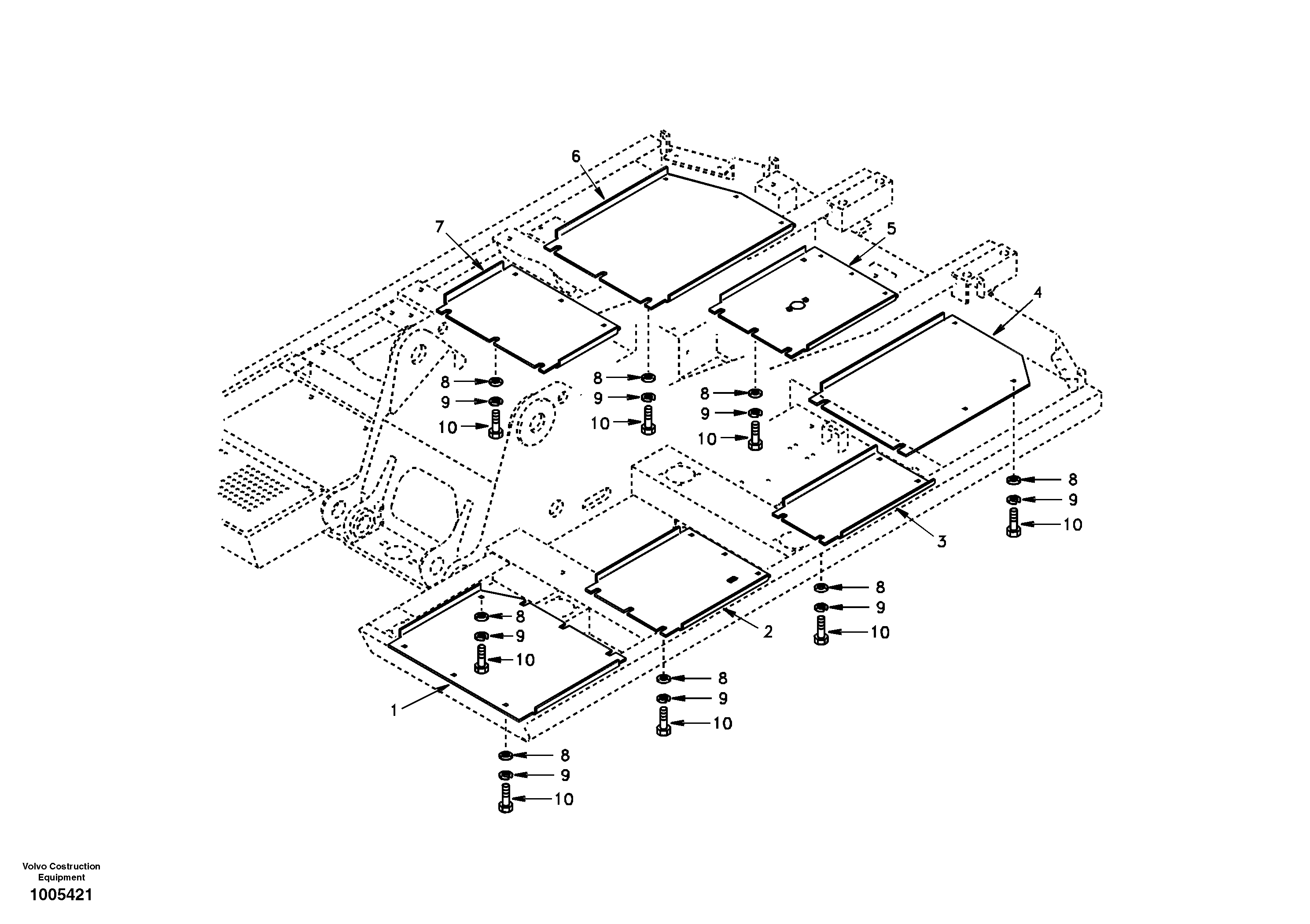 Hatches under engine, hydr.pumps, cooler, m.valve and fuel tank. — volvo parts diagram