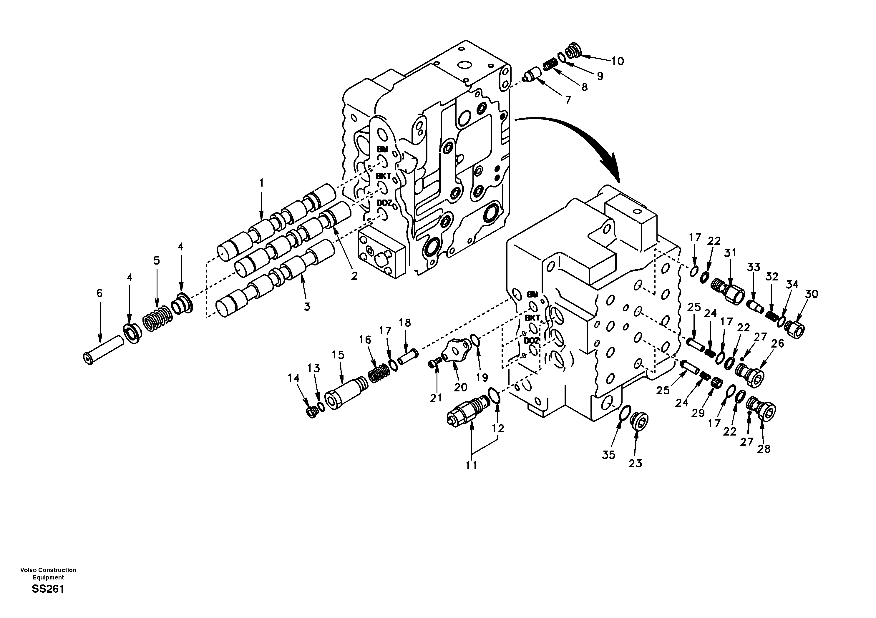 Main control valve, boom and bucket and travel Rh — volvo parts diagram