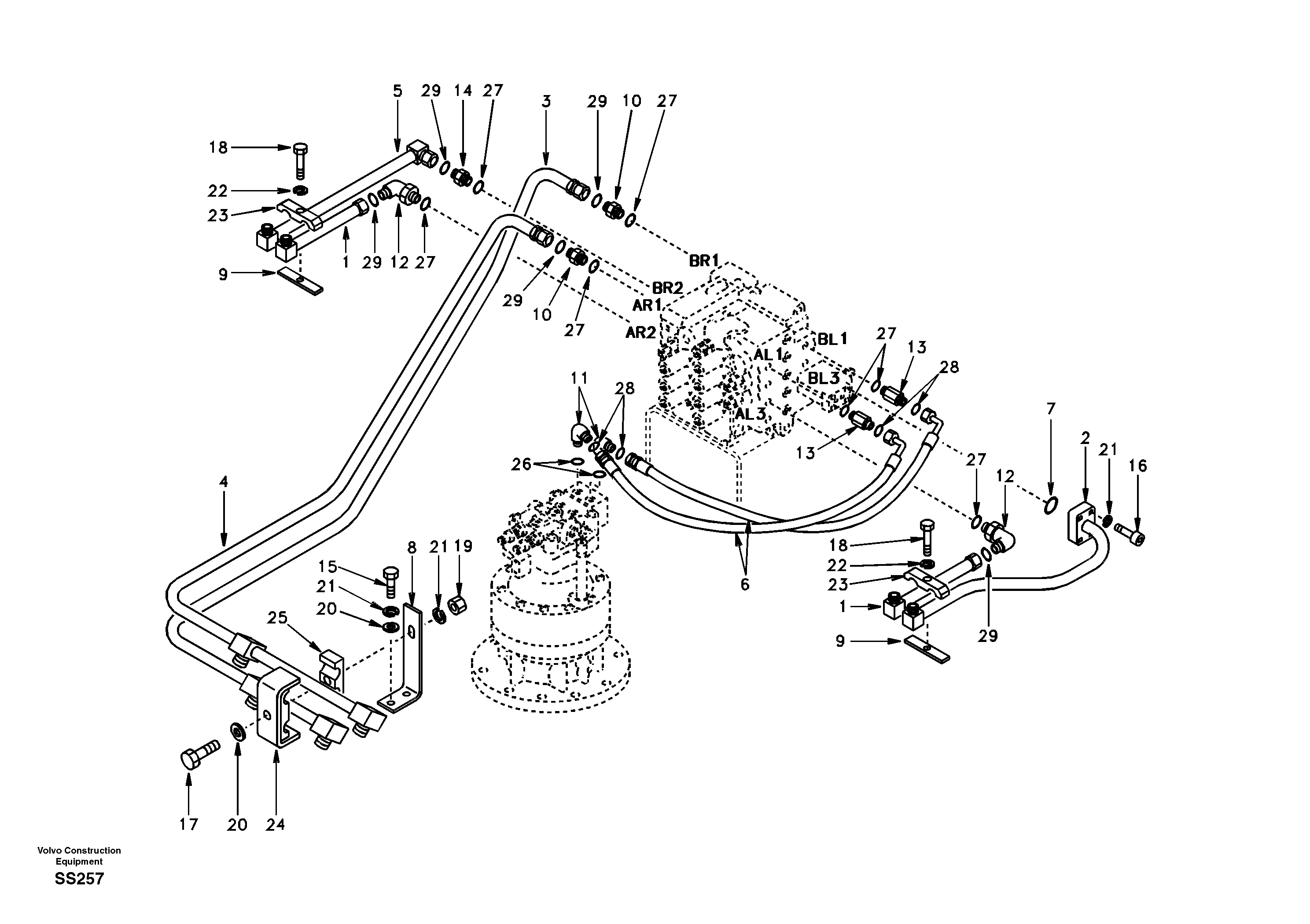 Hydraulic system, control valve to boom and swing — volvo parts diagram