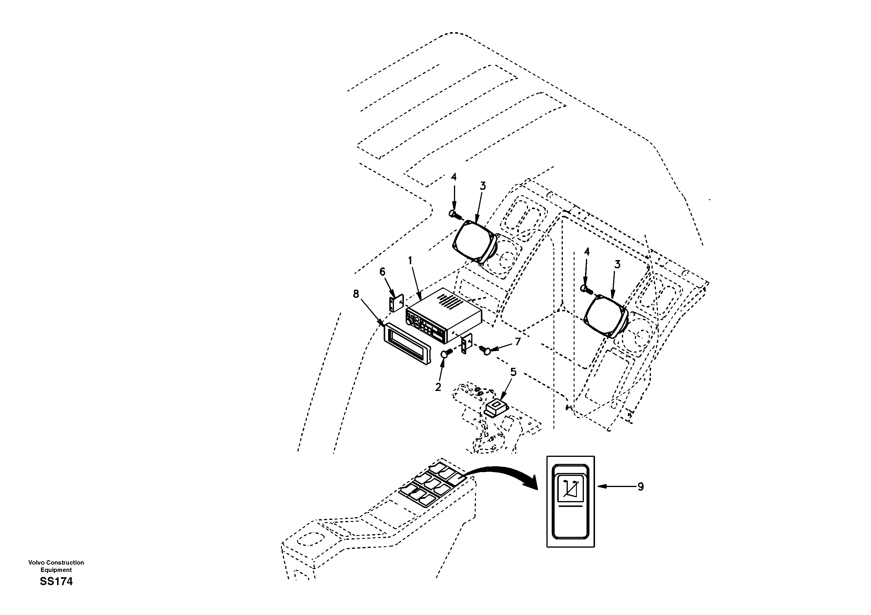 Cassette radio recorder with mounting details — volvo parts diagram