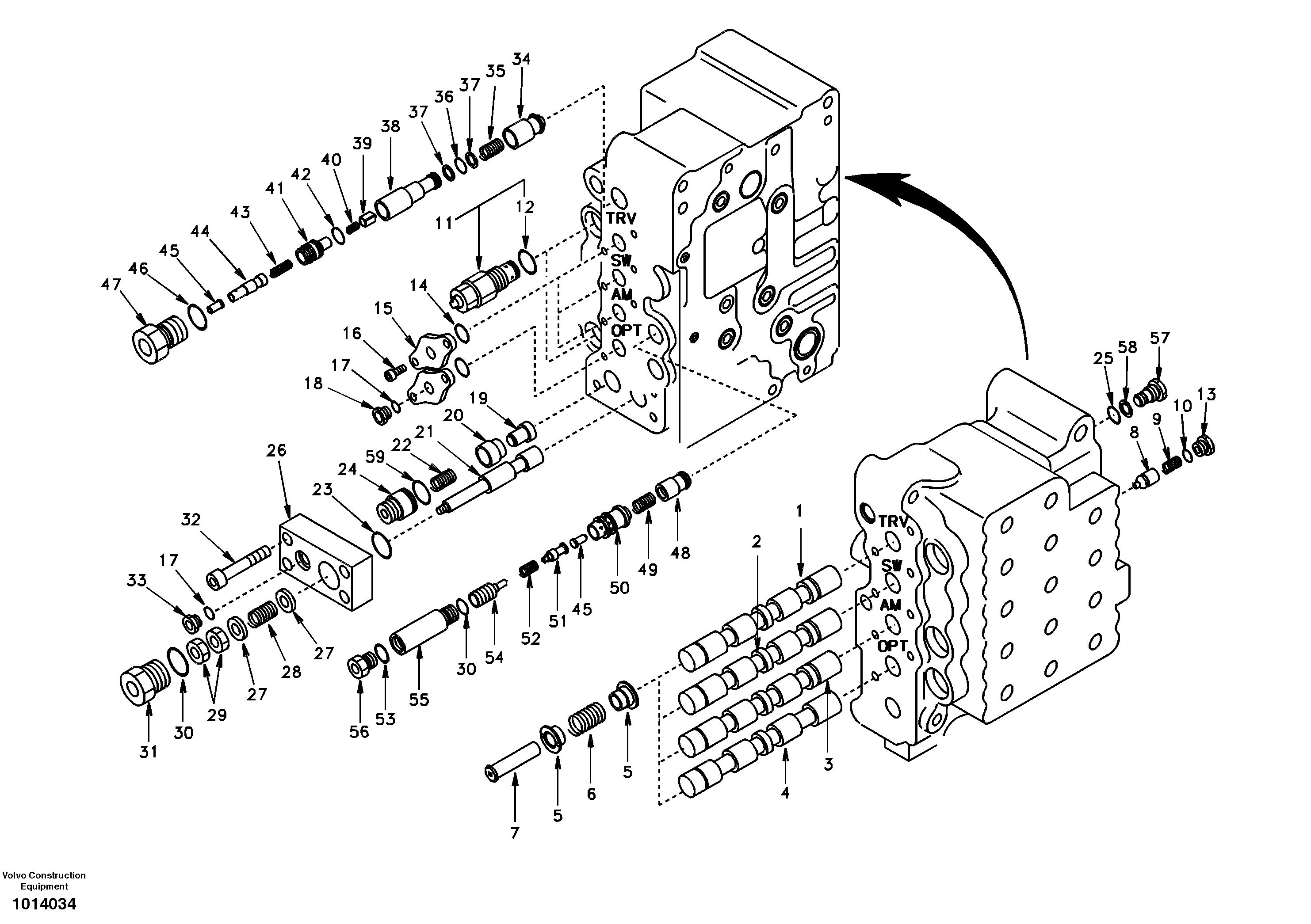 Main control valve, swing and option and dipper arm and travel Lh — volvo parts diagram