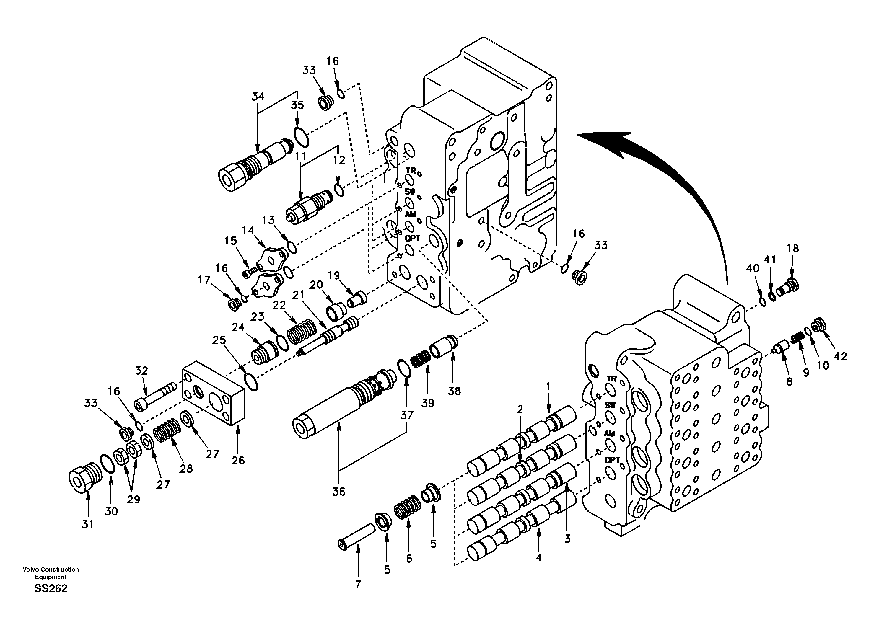 Main control valve, swing and option and dipper arm and travel Lh — volvo parts diagram