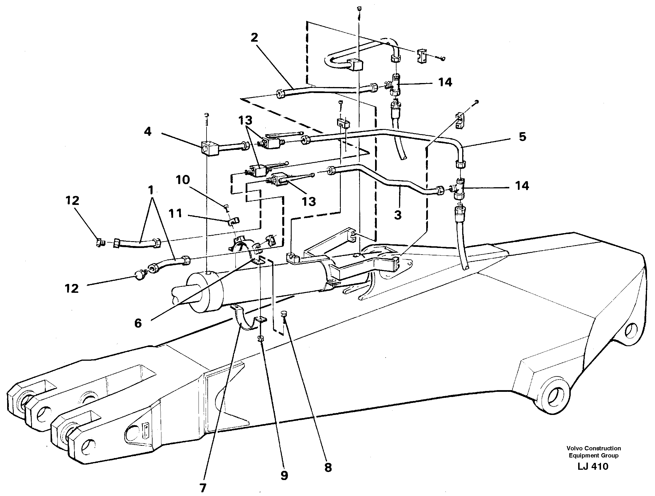 Parallel connected grab hydraulics incl. shut-offcocks on dipper arms.  14258210, 14258212, 14258214 — volvo parts diagram