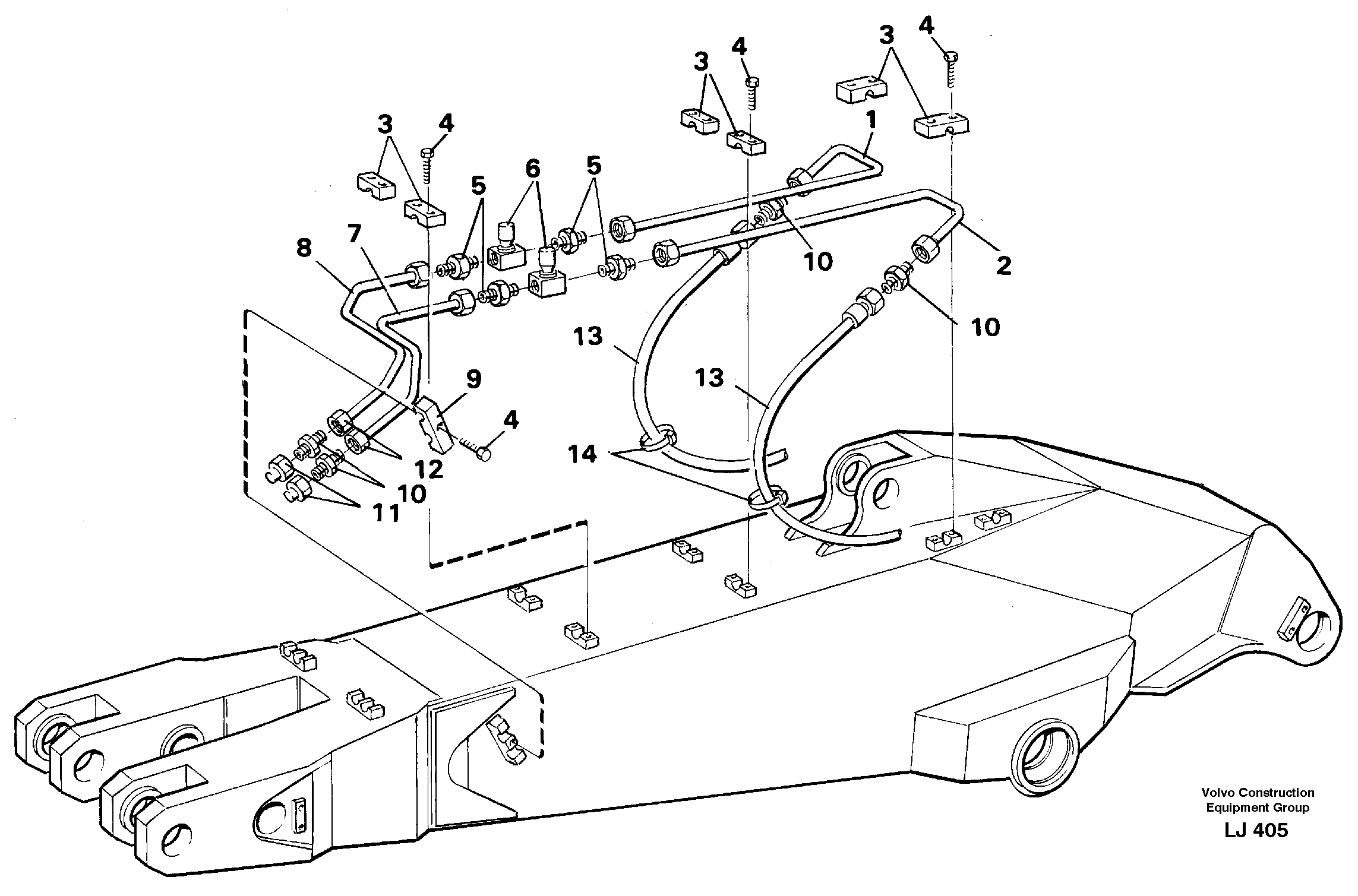 Slope bucket equipment ondipper 2.25 m, 2.80 m, 3.30 m. On left side.  14255228, 14255231, 14255234 — volvo parts diagram