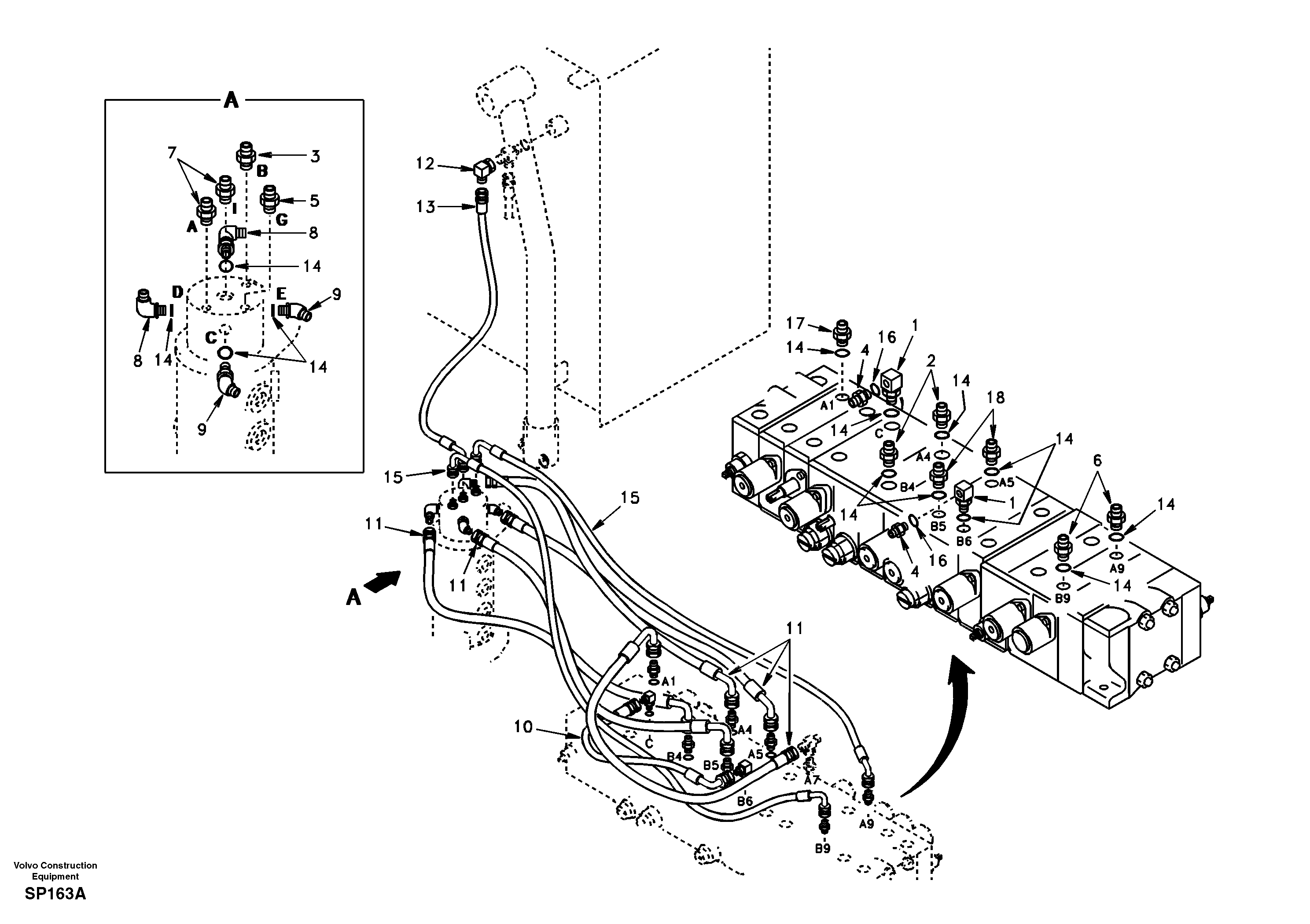 Turning joint line, control valve to turning joint — volvo parts diagram