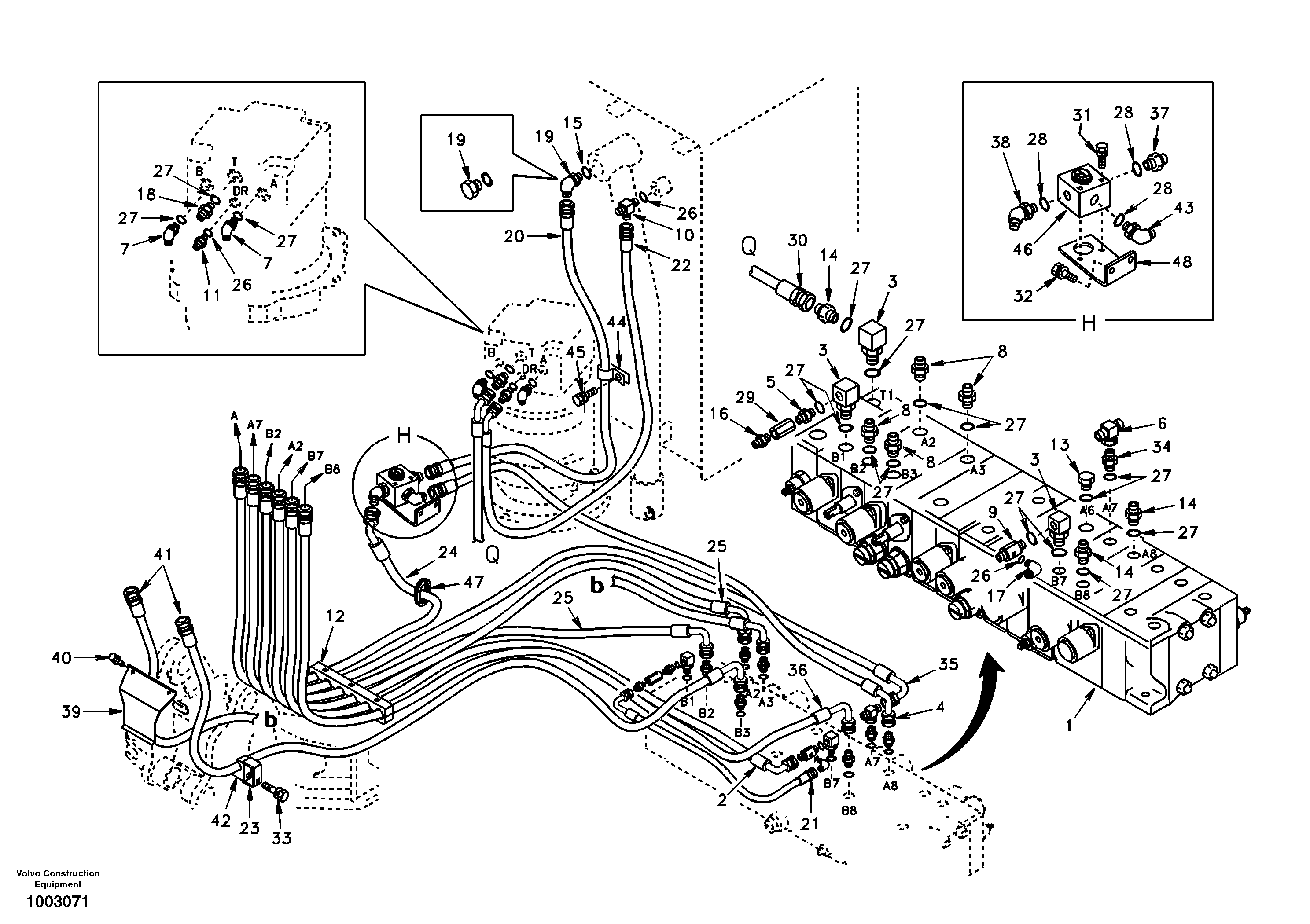 Hydraulic system, control valve to boom and swing — volvo parts diagram