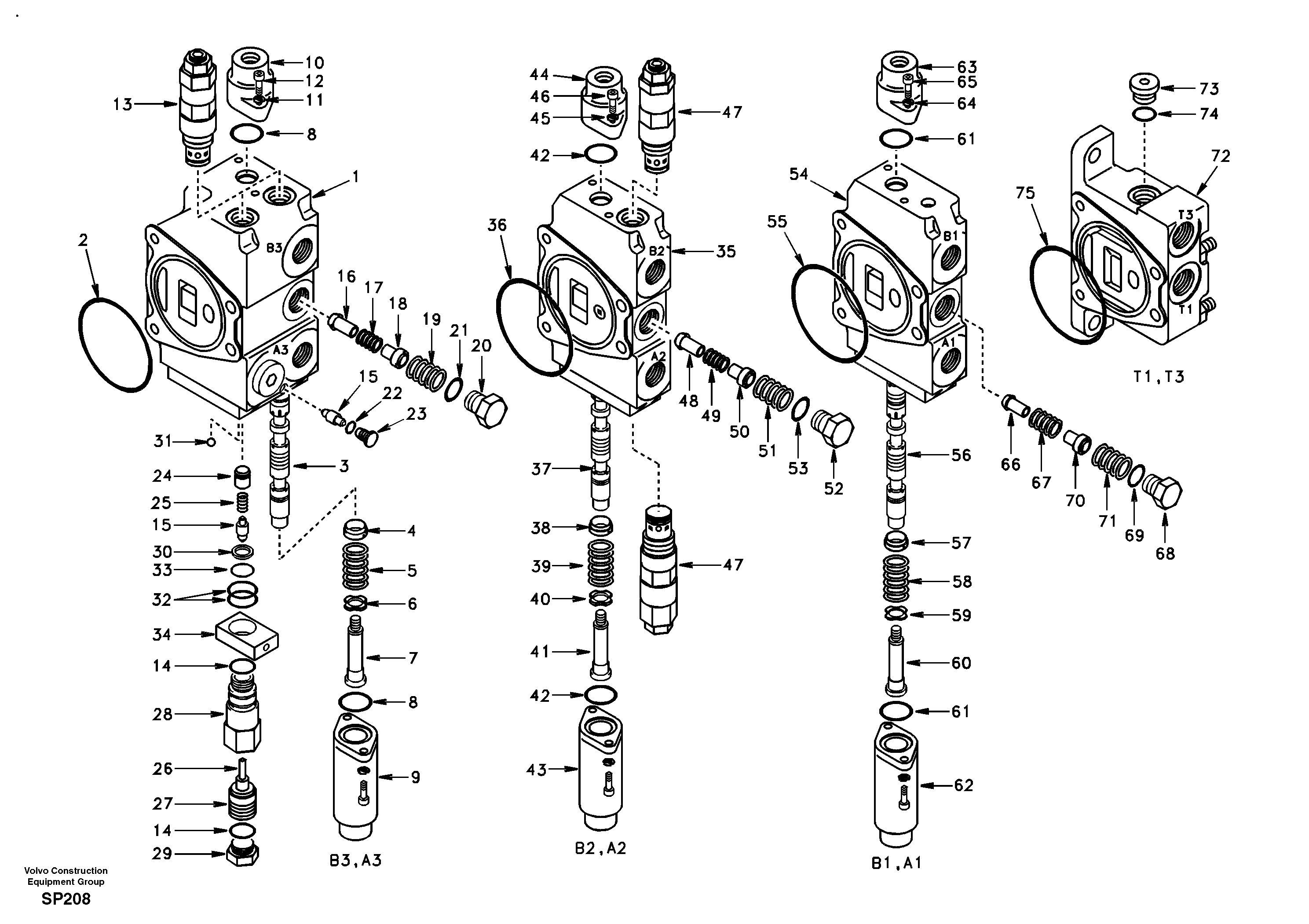 Main control valve, boom 1 and bucket and dipper arm 2 and outlet. — volvo parts diagram