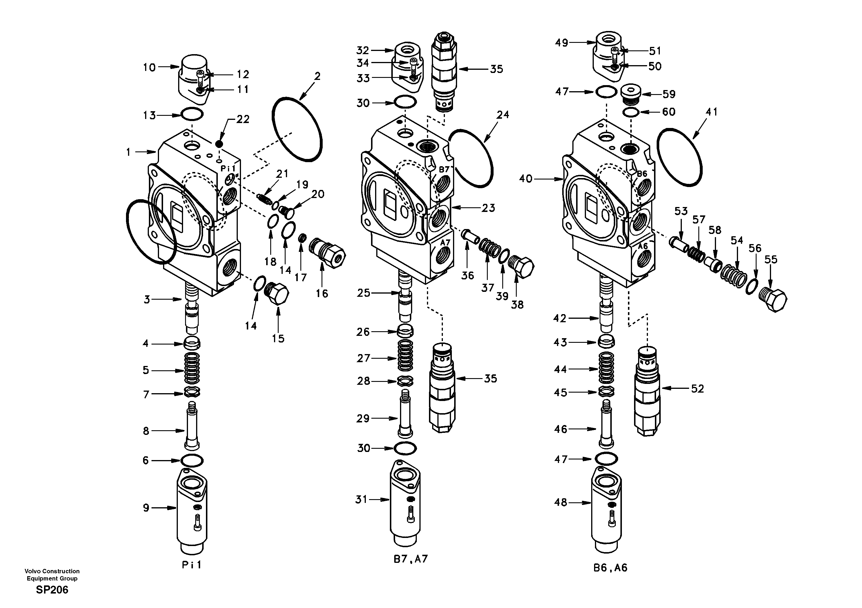 Main control valve, travel straight forward and dipper arm 1 and boom 2. — volvo parts diagram