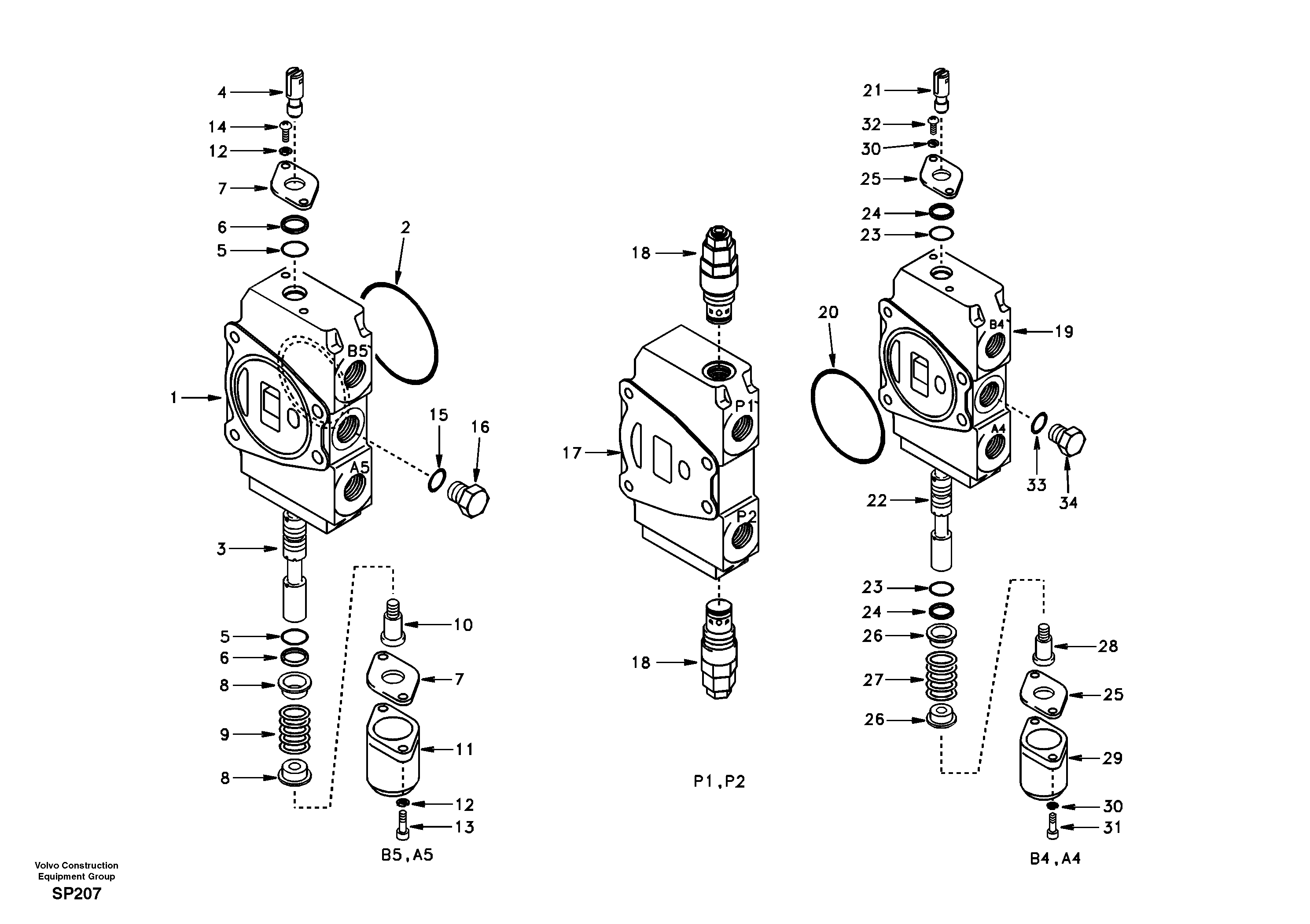 Main control valve, travel Lh and mid inlet and travel Rh — volvo parts diagram