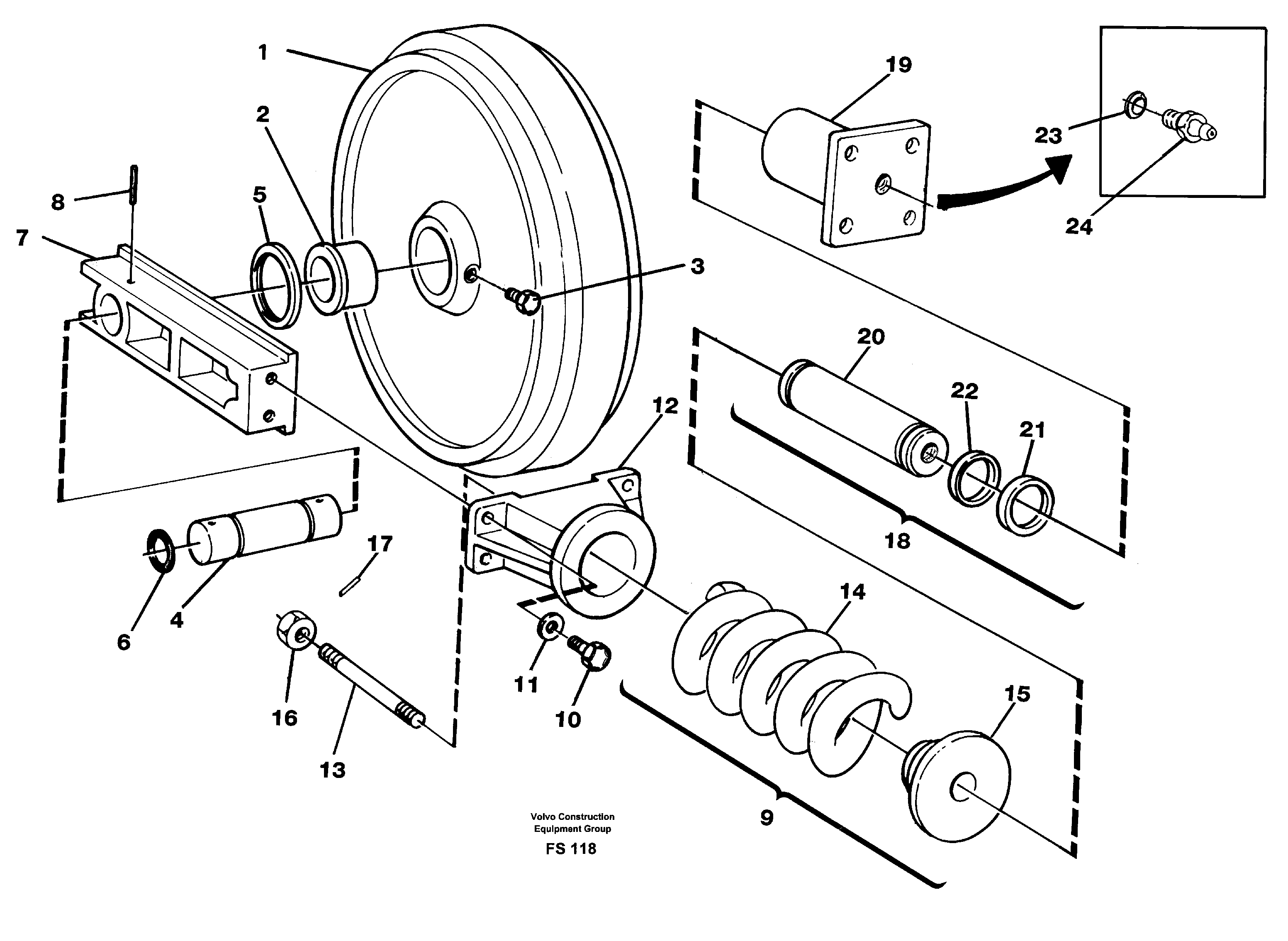Front idler, spring package and tension cylinder — volvo parts diagram