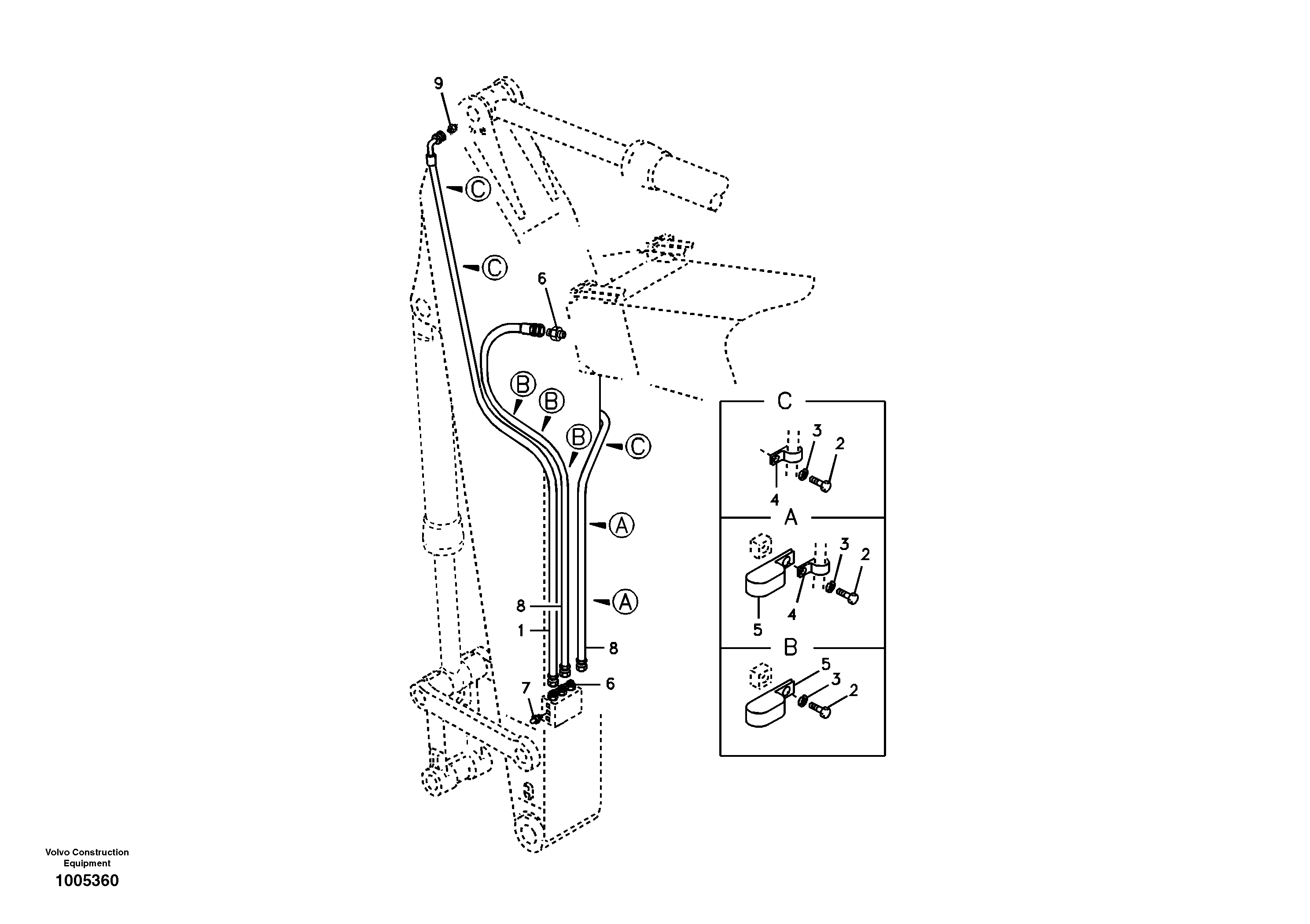Dipper arm and grease piping with piping seat — volvo parts diagram
