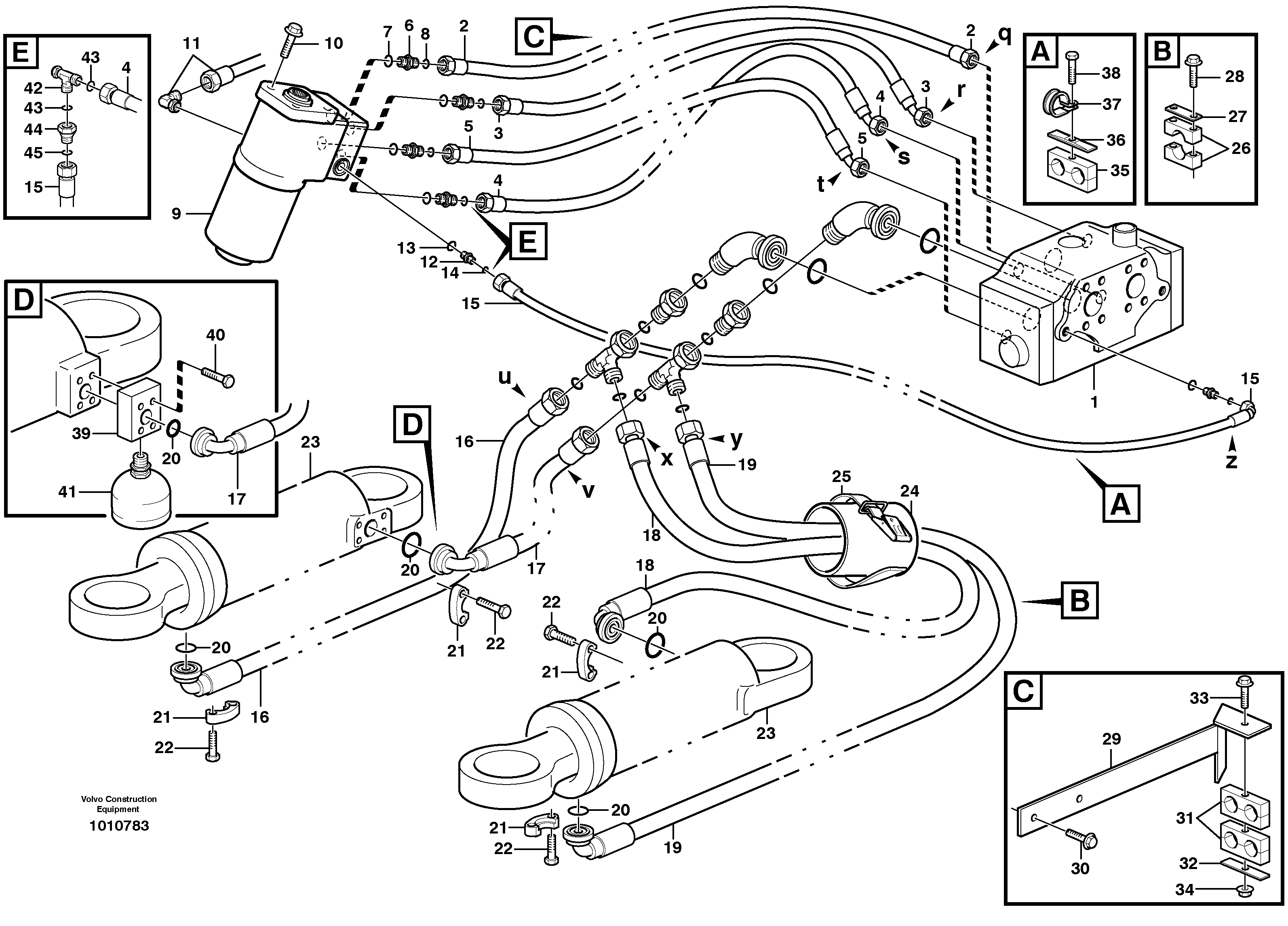 Steering system. Lines, Control valve-cylinders — volvo parts diagram