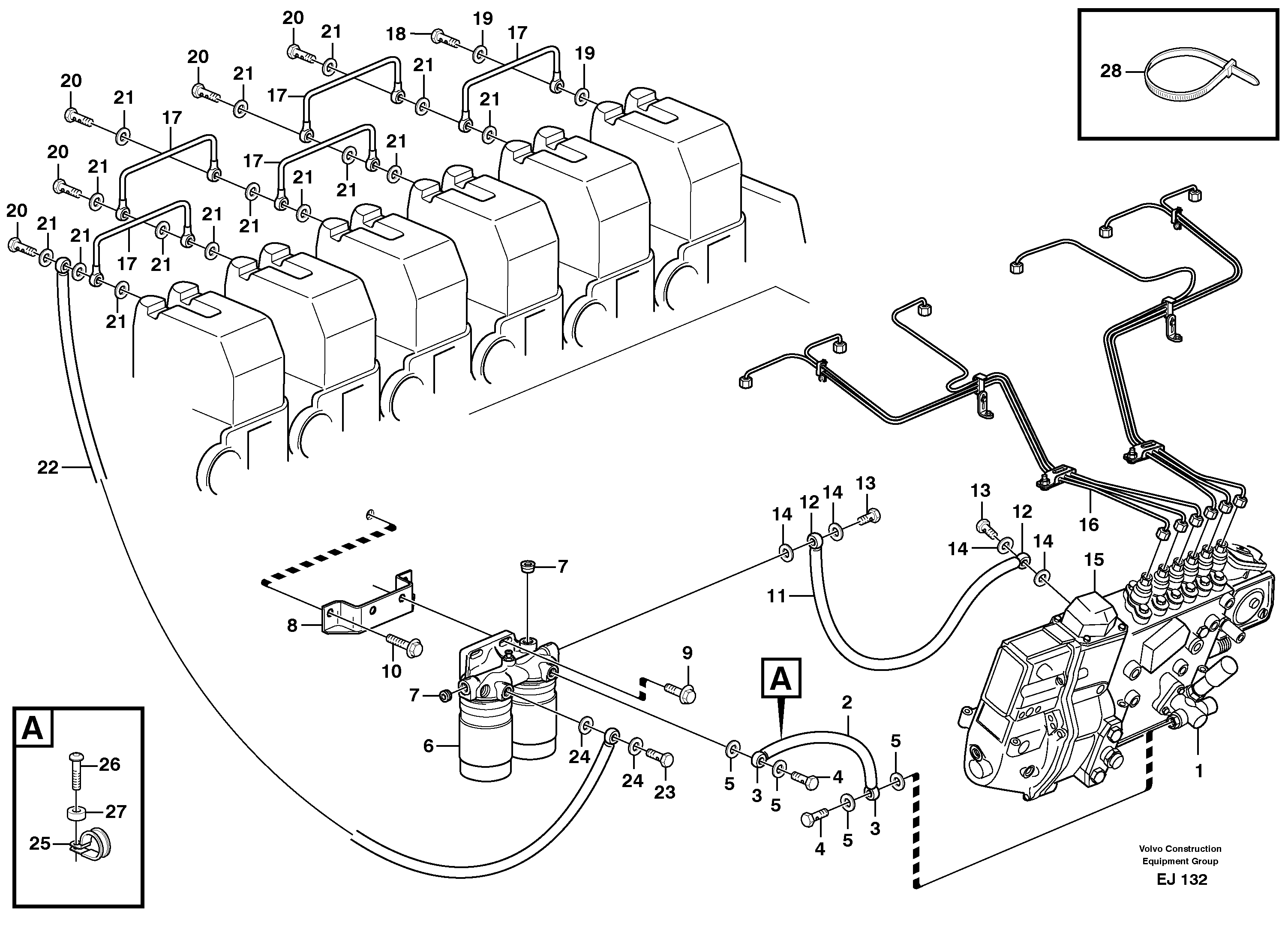 Fuel pipes, injection pump - fuel filter - fuel injector — volvo parts diagram