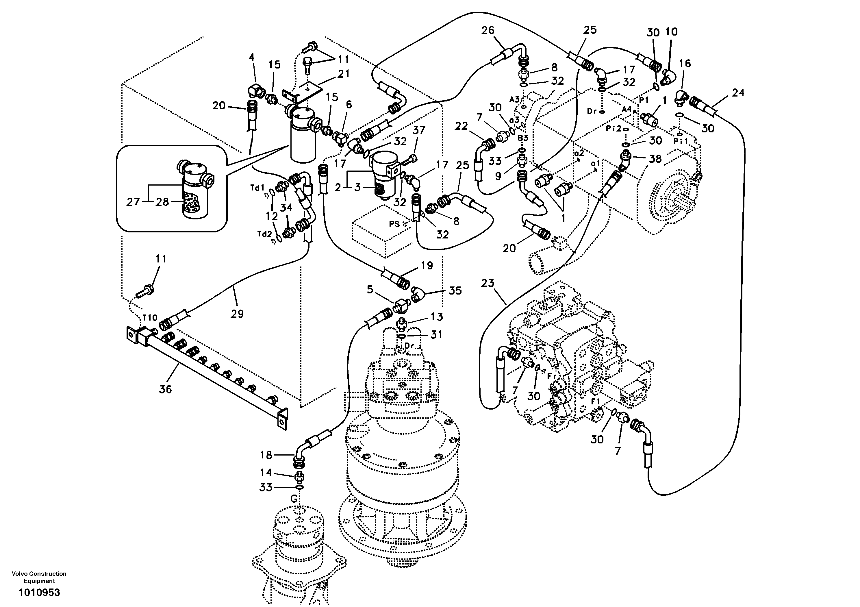 Servo system, pump piping and filter mount. — volvo parts diagram