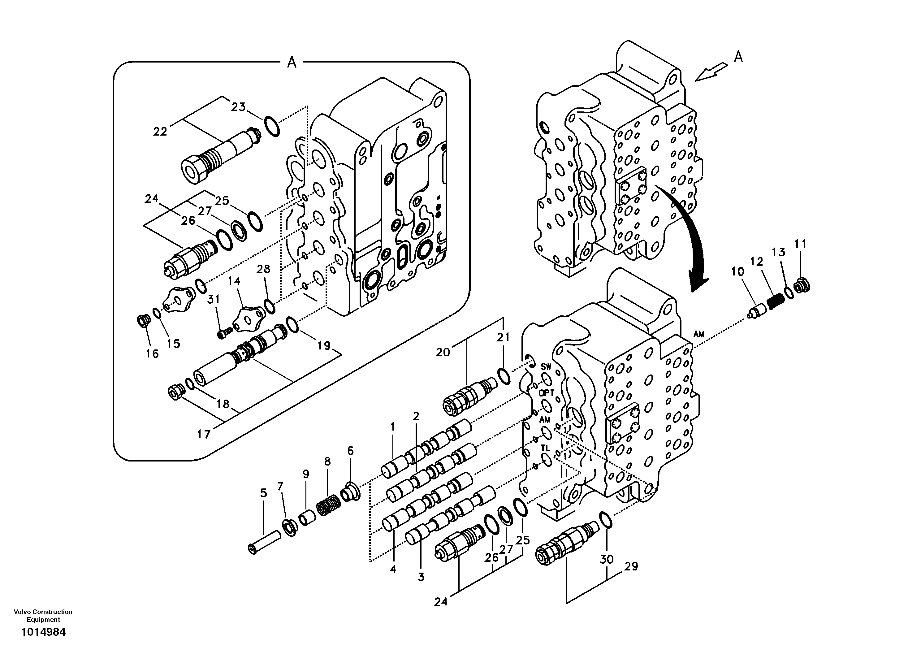 Main control valve, swing and option and dipper arm and travel Lh — volvo parts diagram