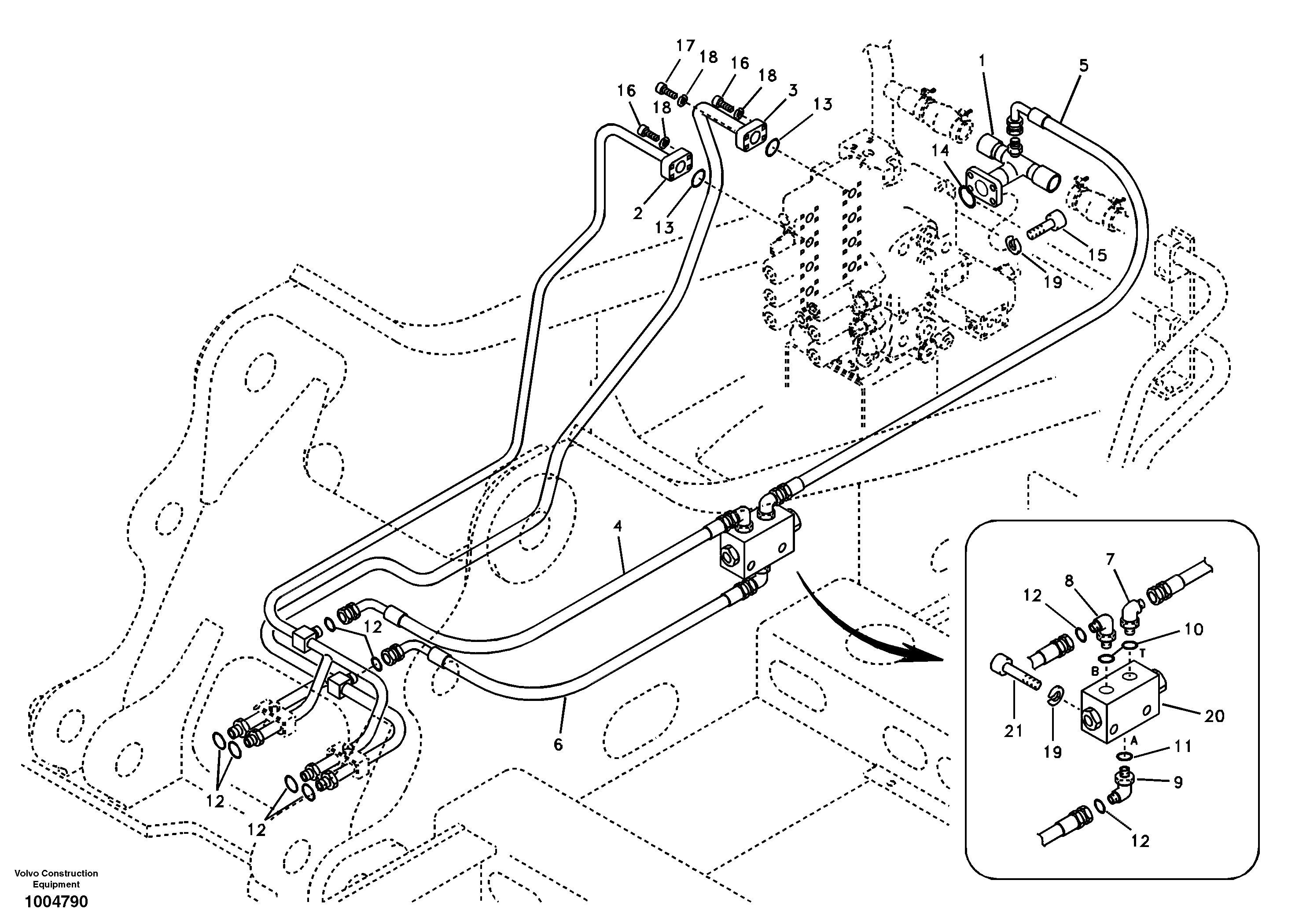 Hydraulic system, control valve to boom and swing — volvo parts diagram