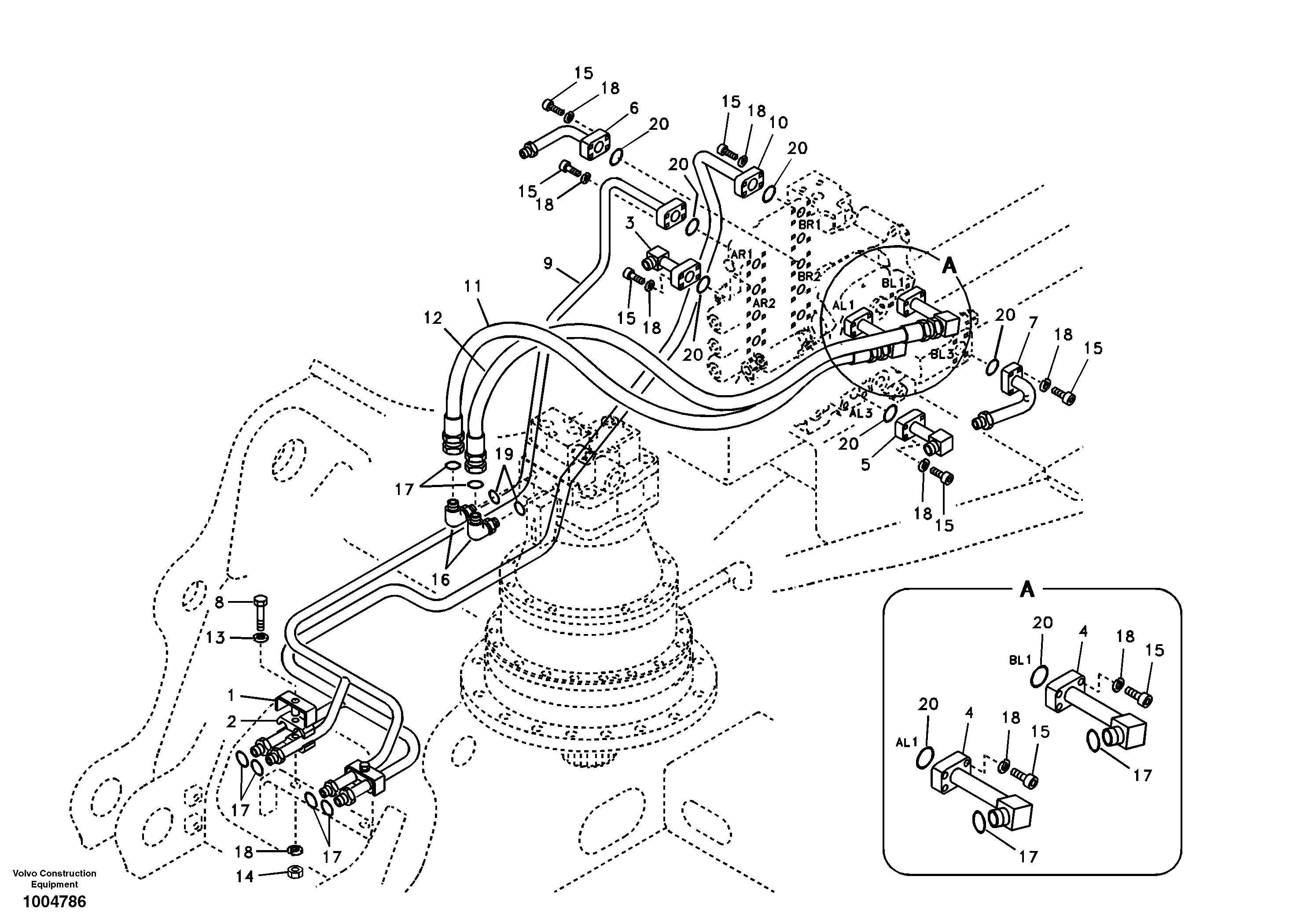 Hydraulic system, control valve to boom and swing — volvo parts diagram