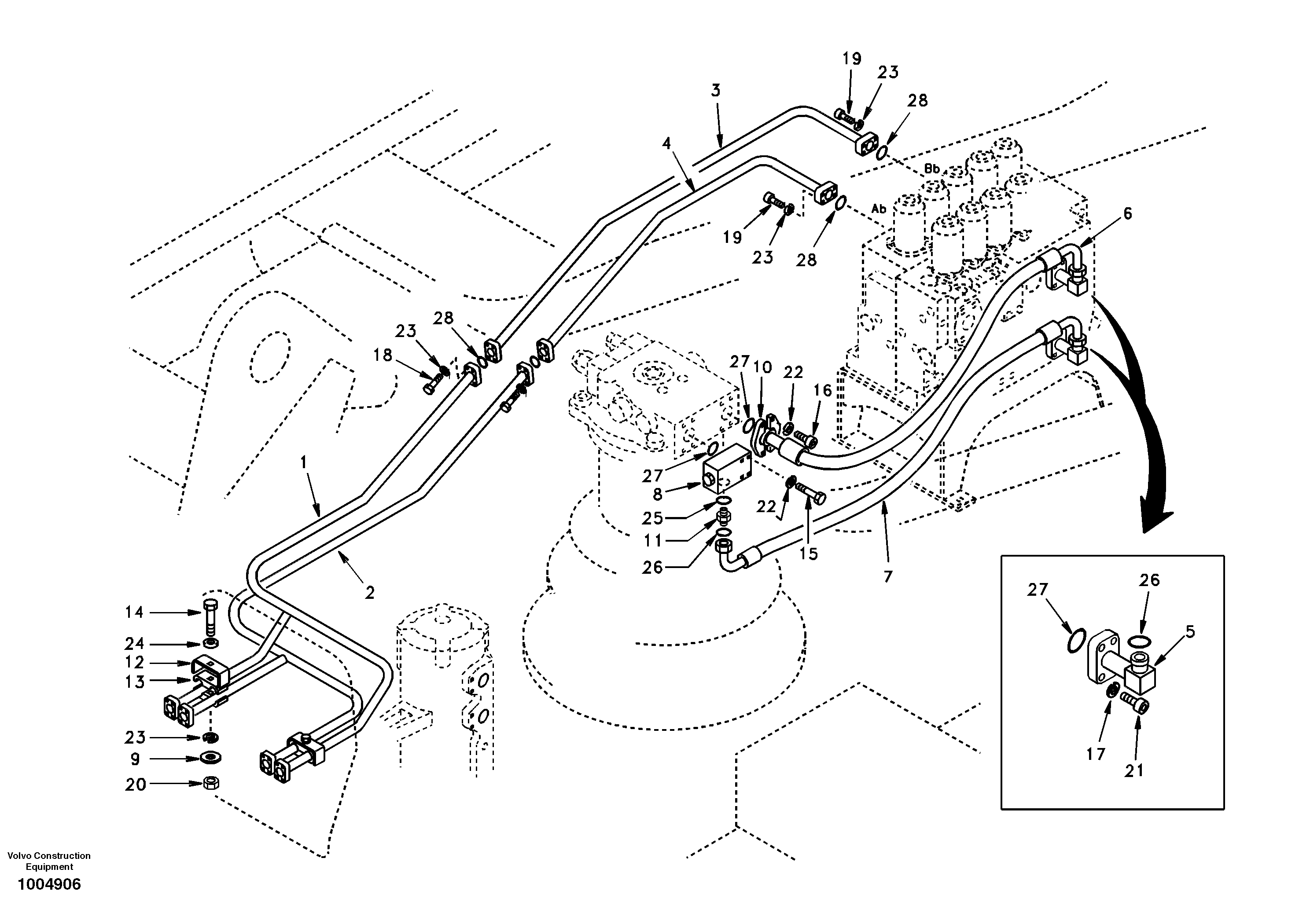 Hydraulic system, control valve to boom and swing — volvo parts diagram