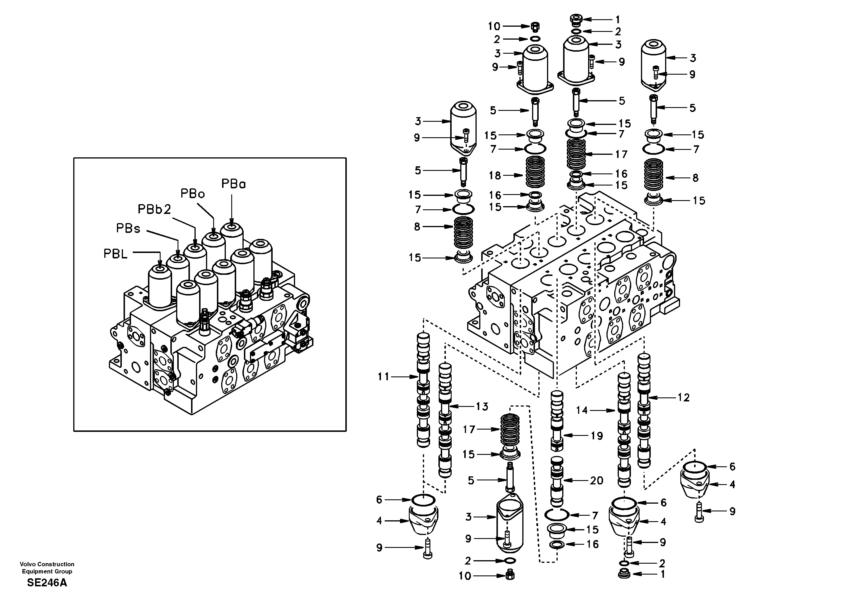 Main control valve, swing and option and dipper arm and travel Lh — volvo parts diagram