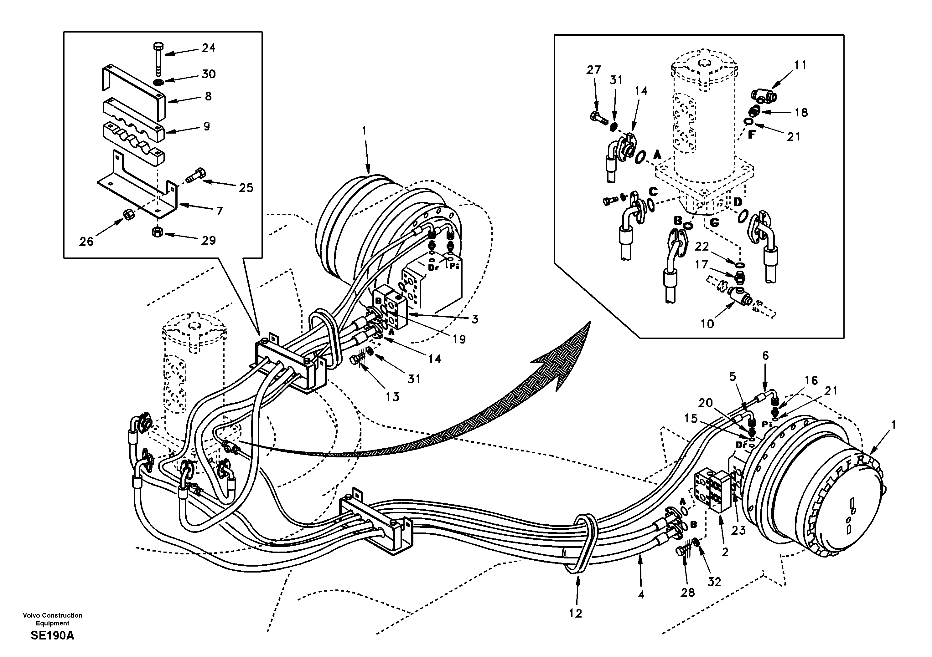 Turning joint line, turning joint to travel motor — volvo parts diagram