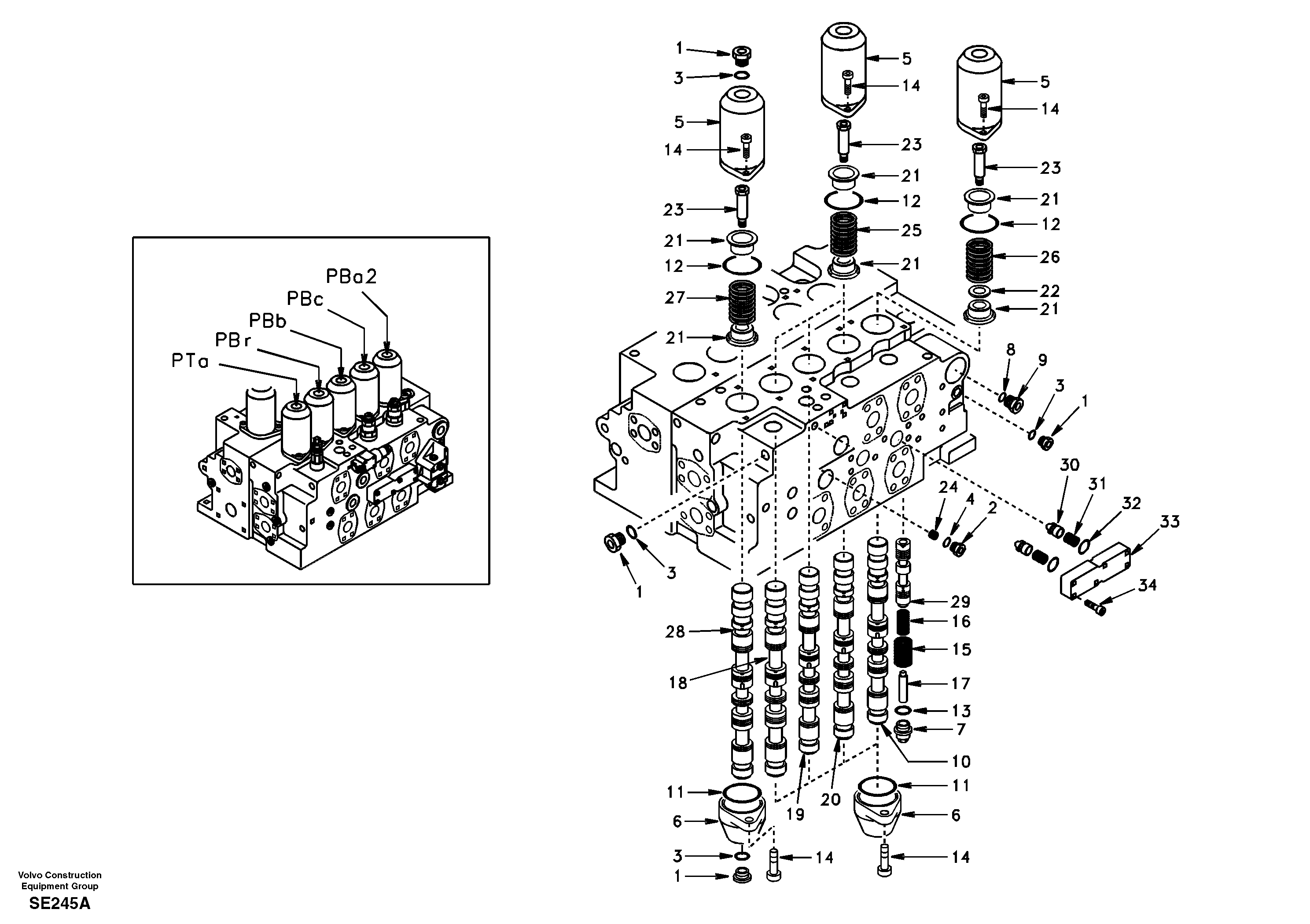Main control valve, boom and bucket and travel Rh — volvo parts diagram