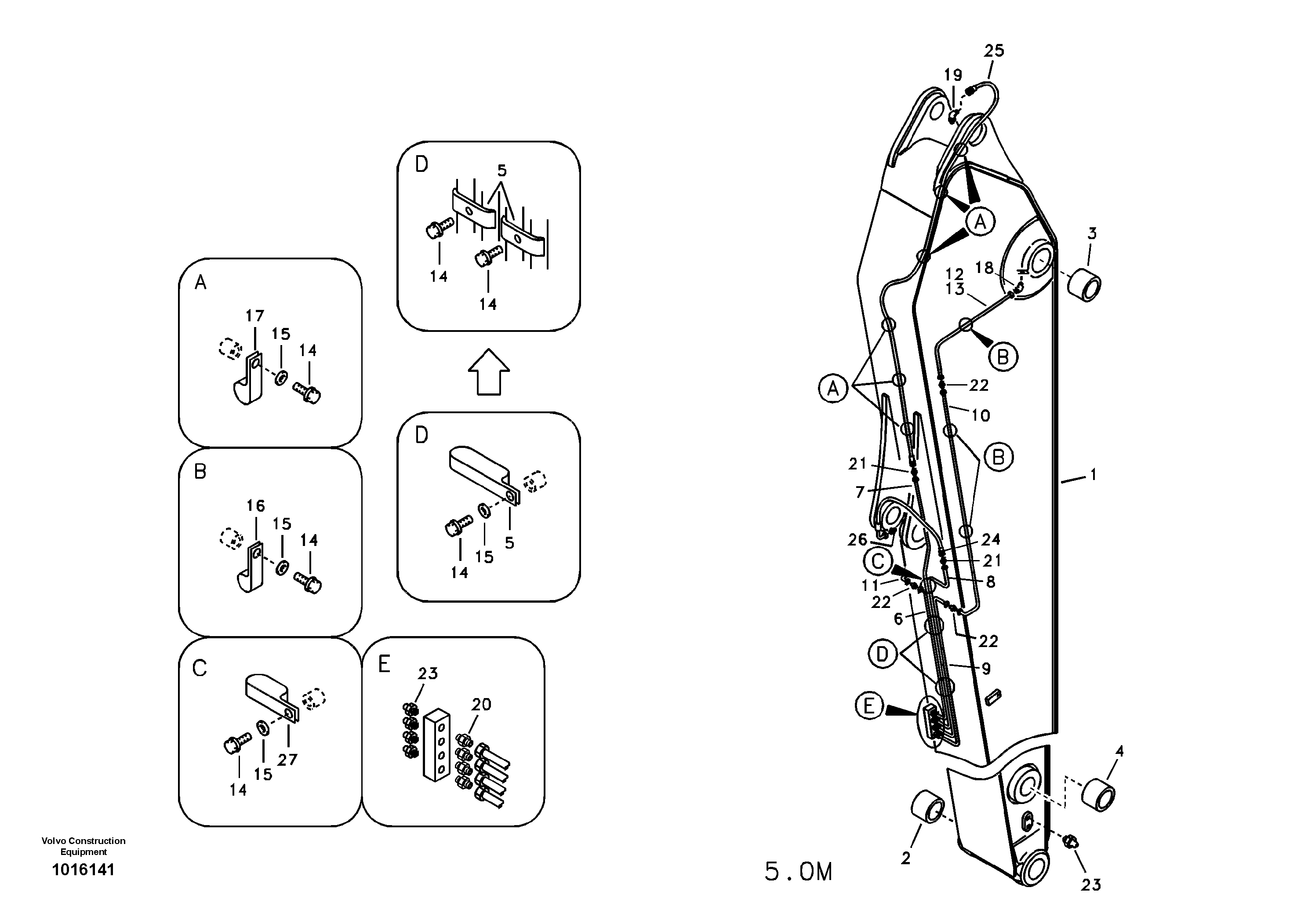 Dipper arm and grease piping with piping seat, long reach — volvo parts diagram