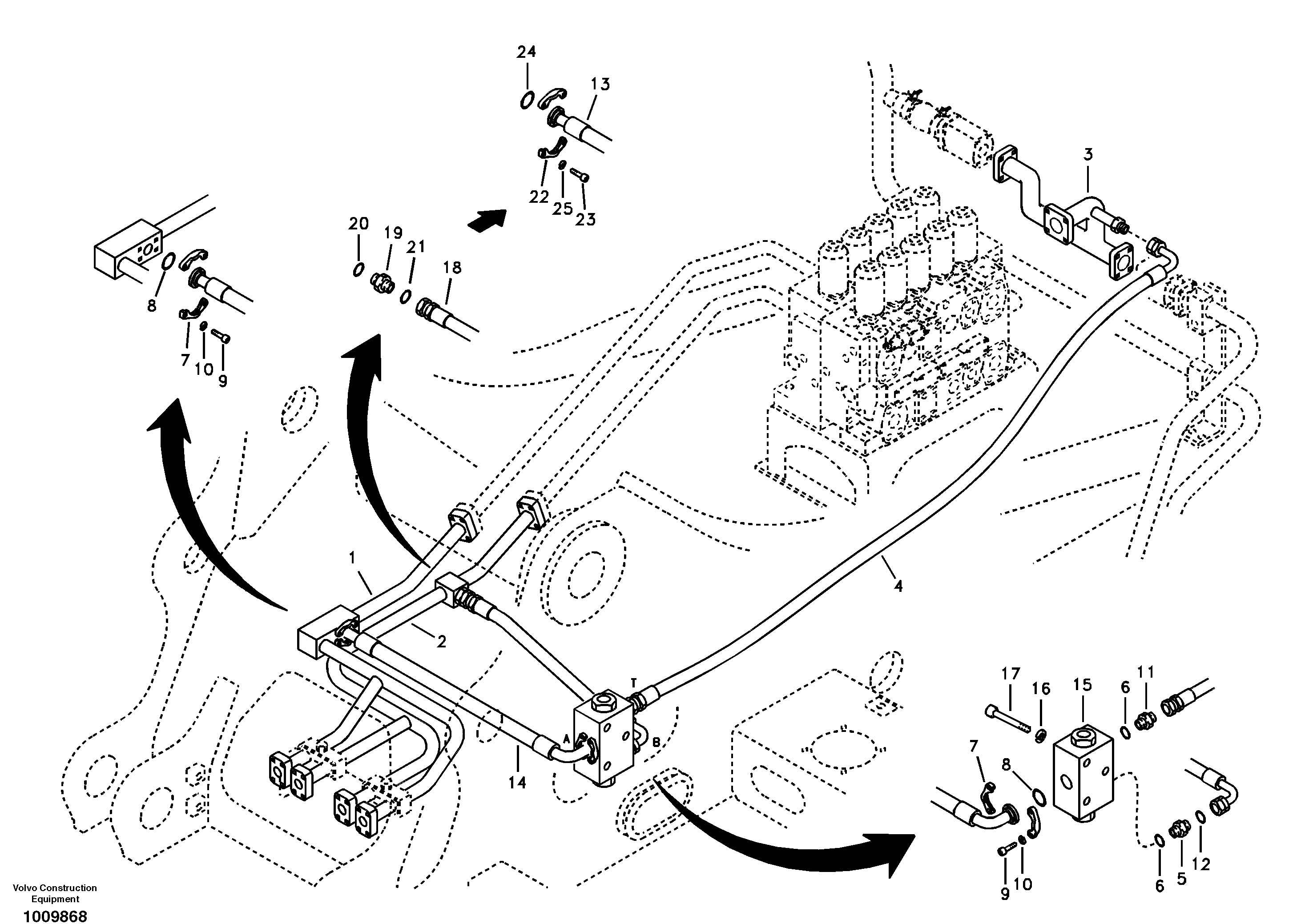 Hydraulic system, control valve to boom and swing — volvo parts diagram