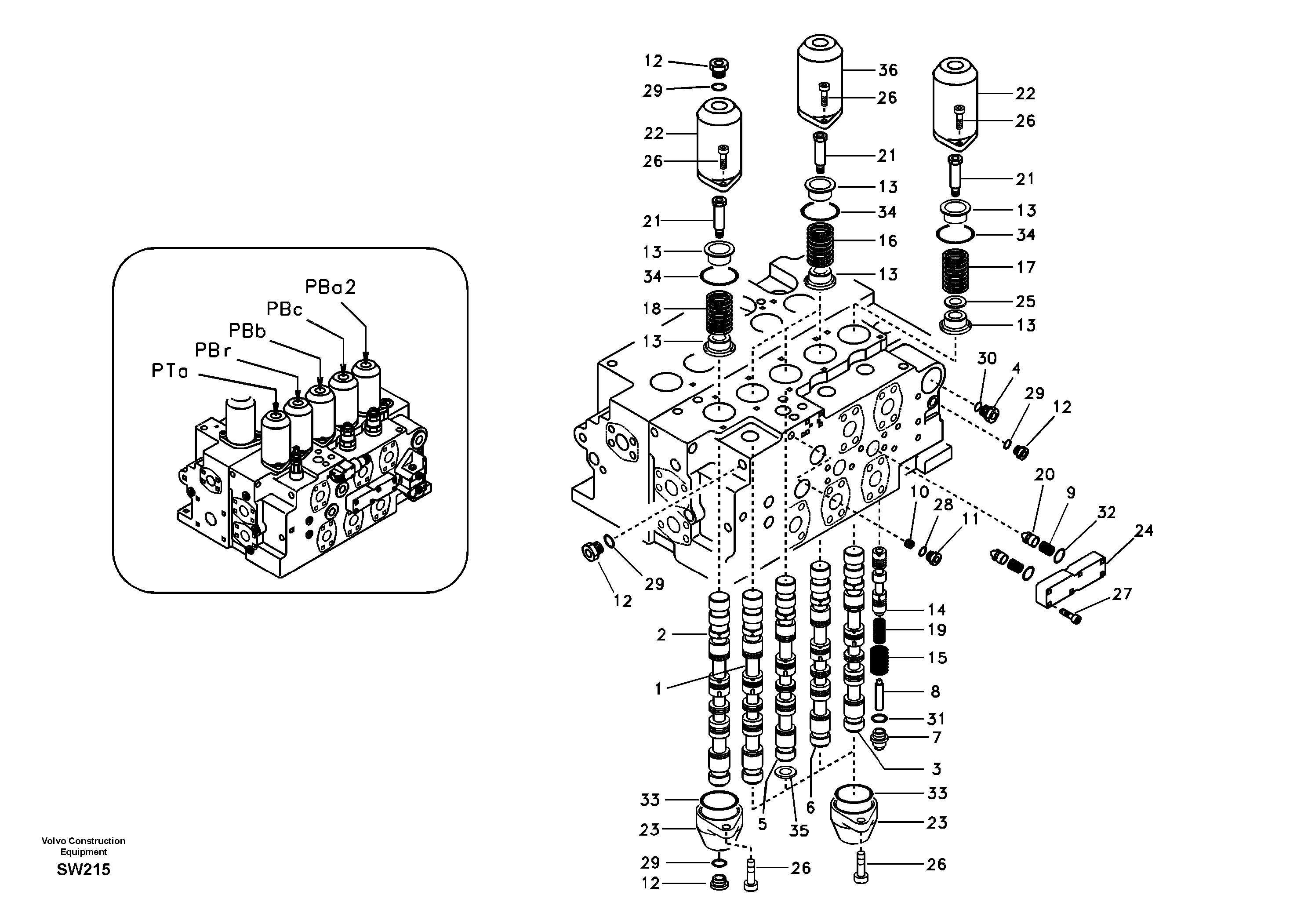 Main control valve, boom and bucket and travel Rh — volvo parts diagram