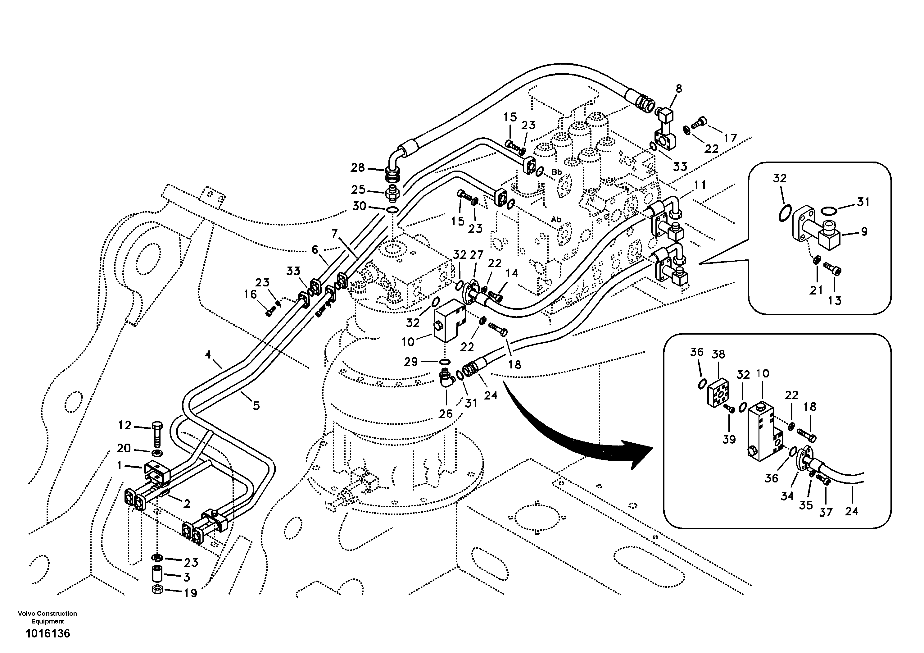 Hydraulic system, control valve to boom and swing — volvo parts diagram