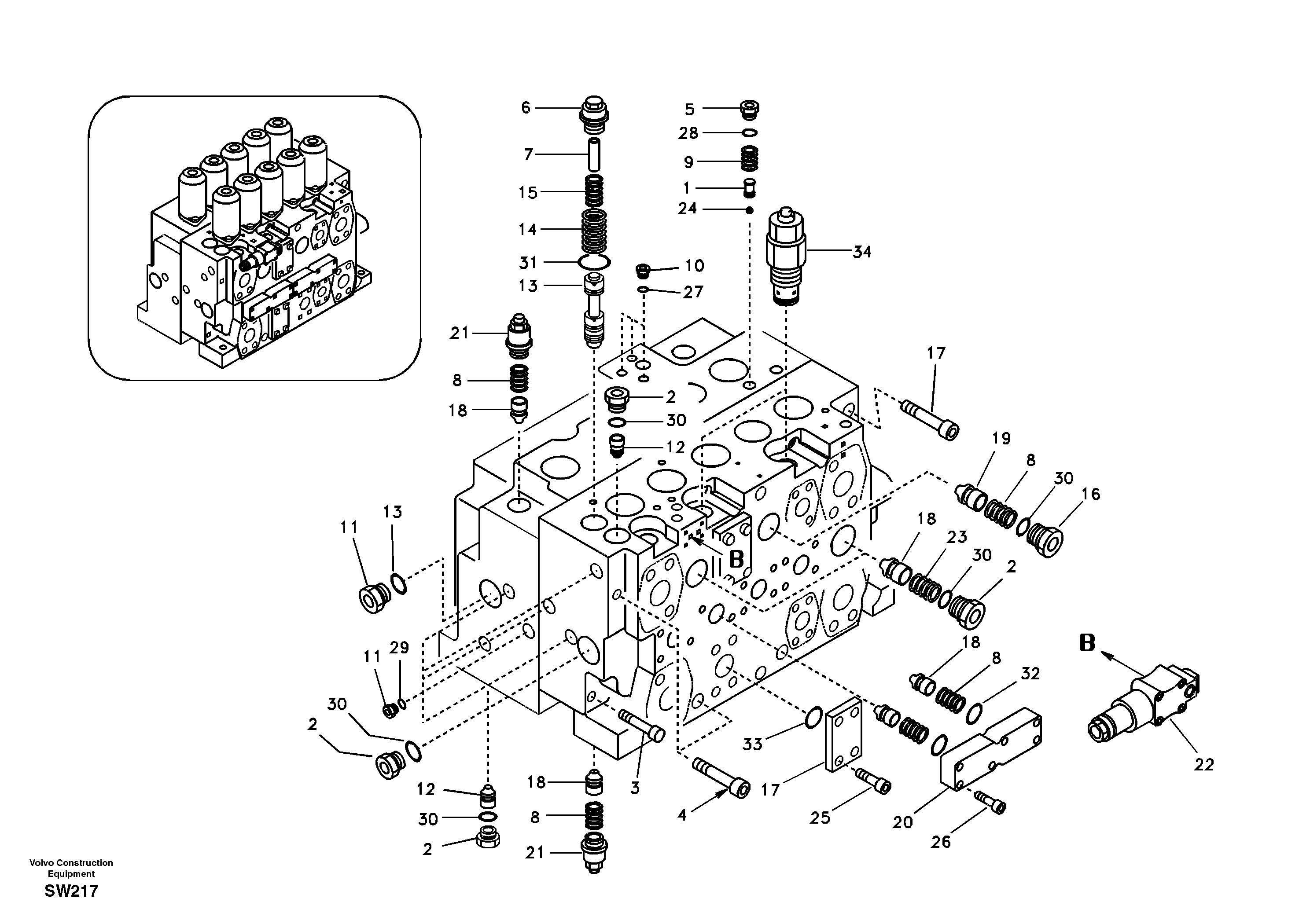 Main control valve, relief valve and dipper arm holding — volvo parts diagram
