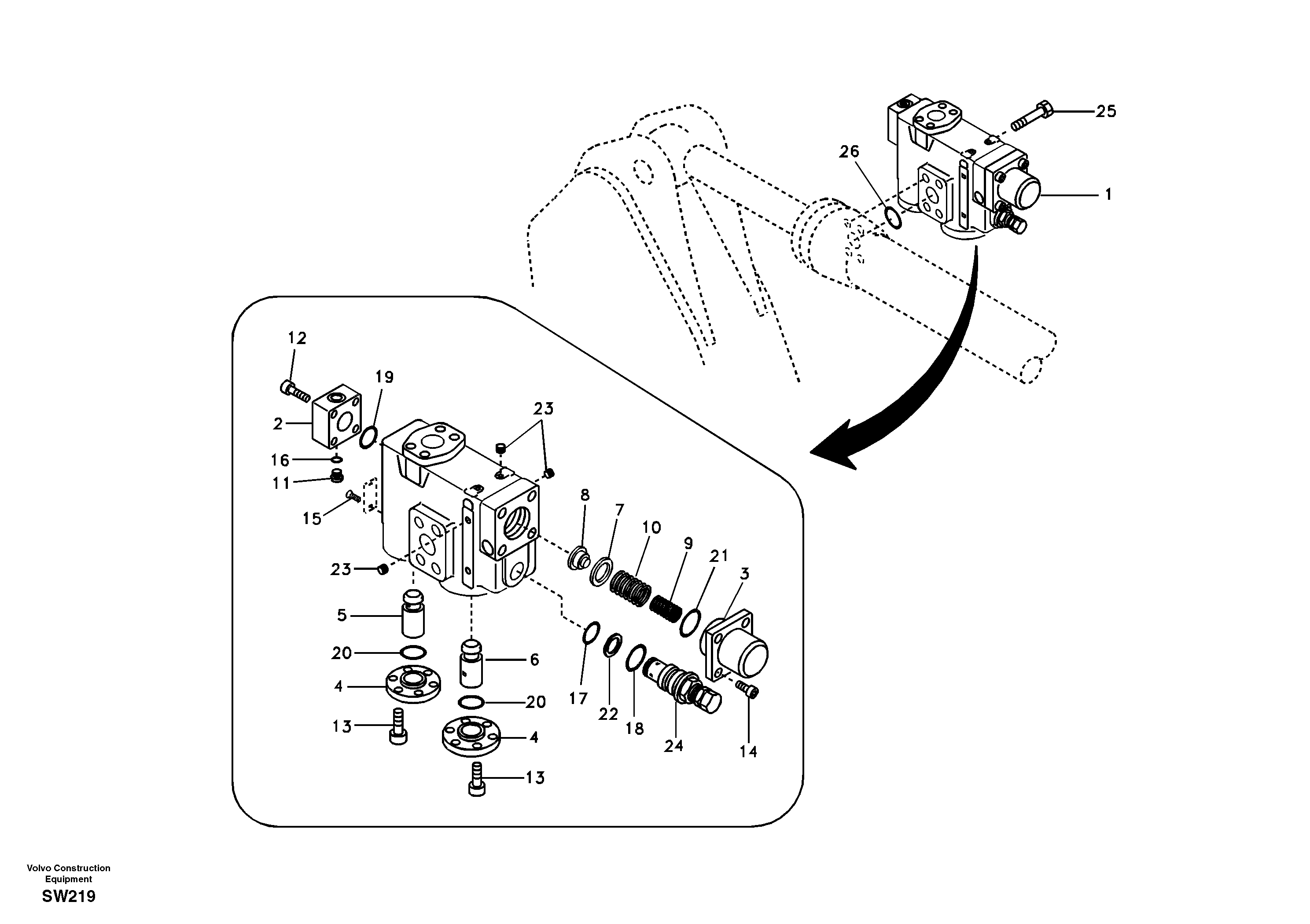 Working hydraulic, dipper arm rupture valve mount. — volvo parts diagram
