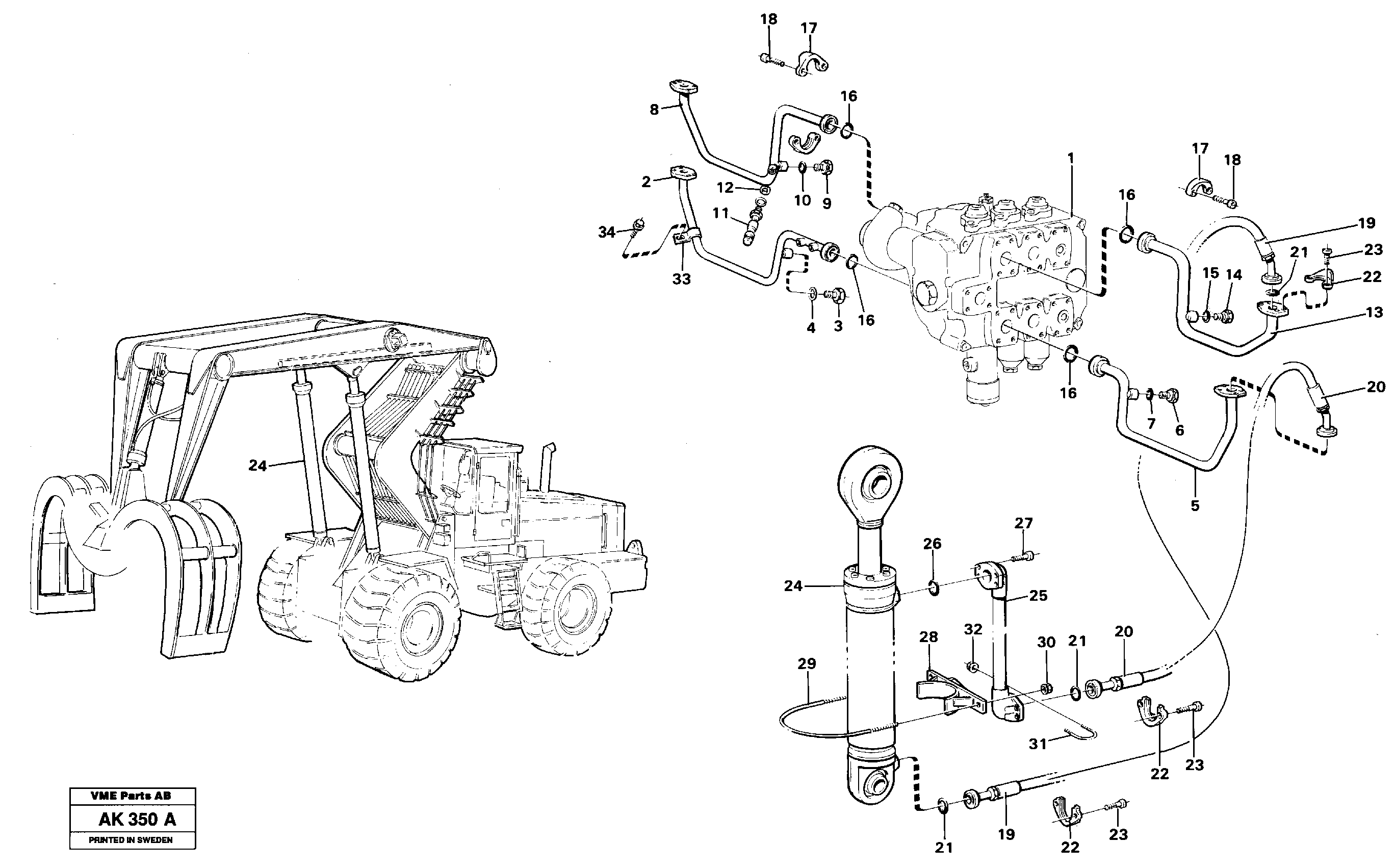 Hydraulic cylinder with hose assembly, lift function.  33808 — volvo parts diagram