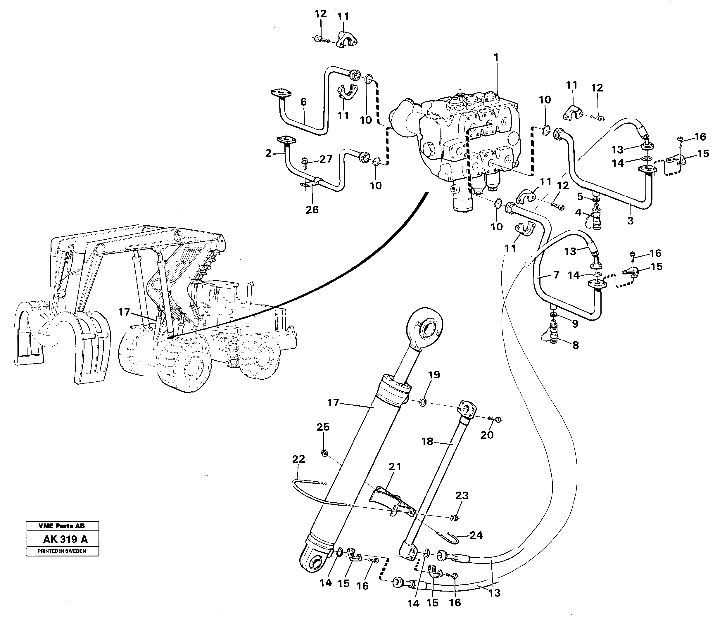 Hydraulic cylinder with hose assembly, tilt function.  33808 — volvo parts diagram