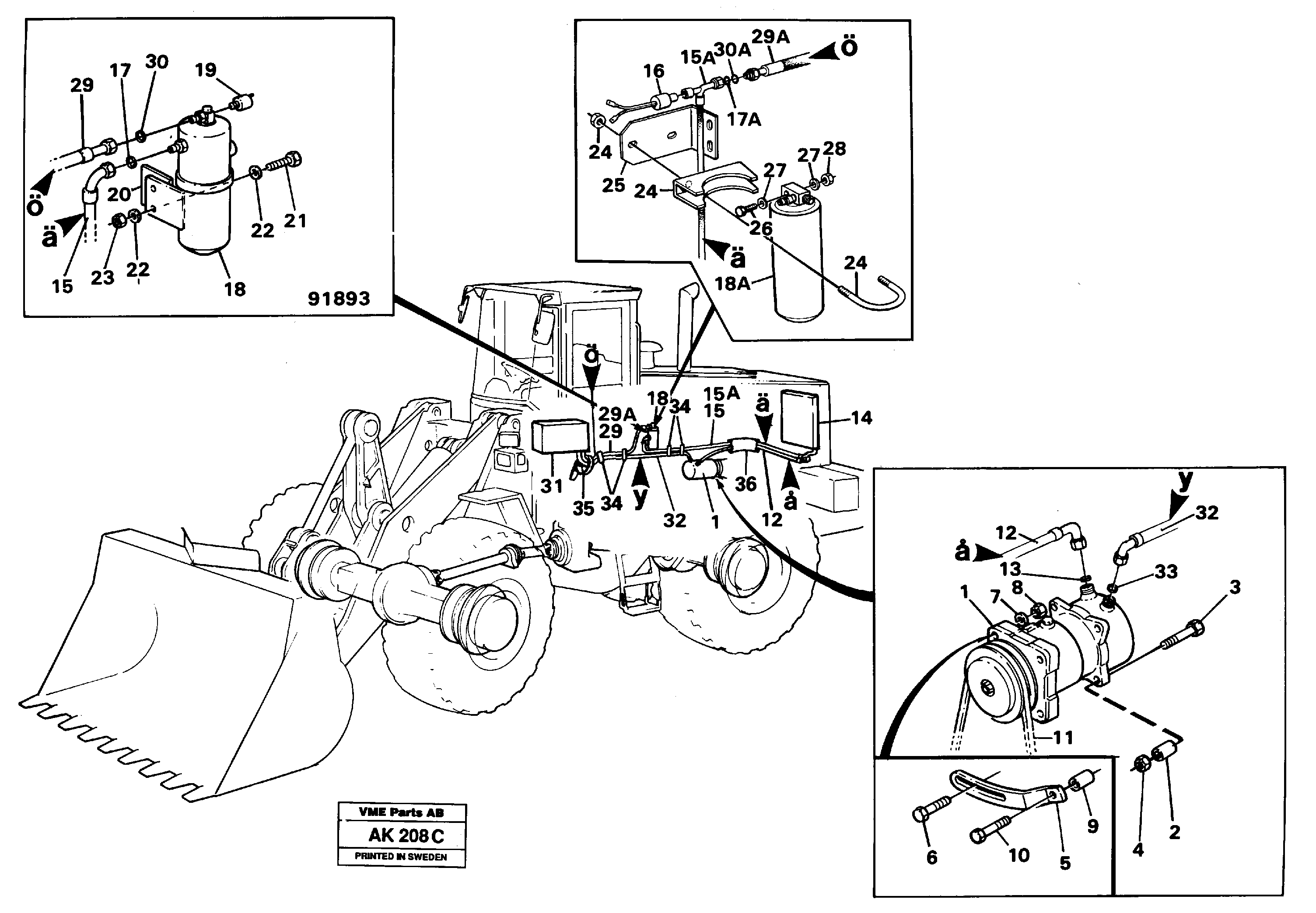 Air compressor with fitting parts.  91893,   92246,   92792,   93448 — volvo parts diagram