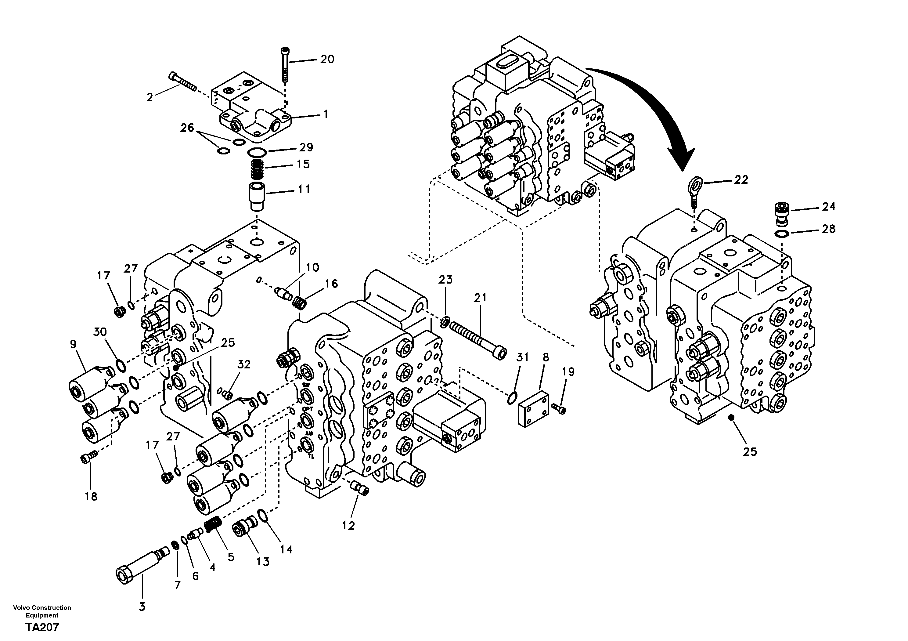 Main control valve, relife valve and boom holding — volvo parts diagram