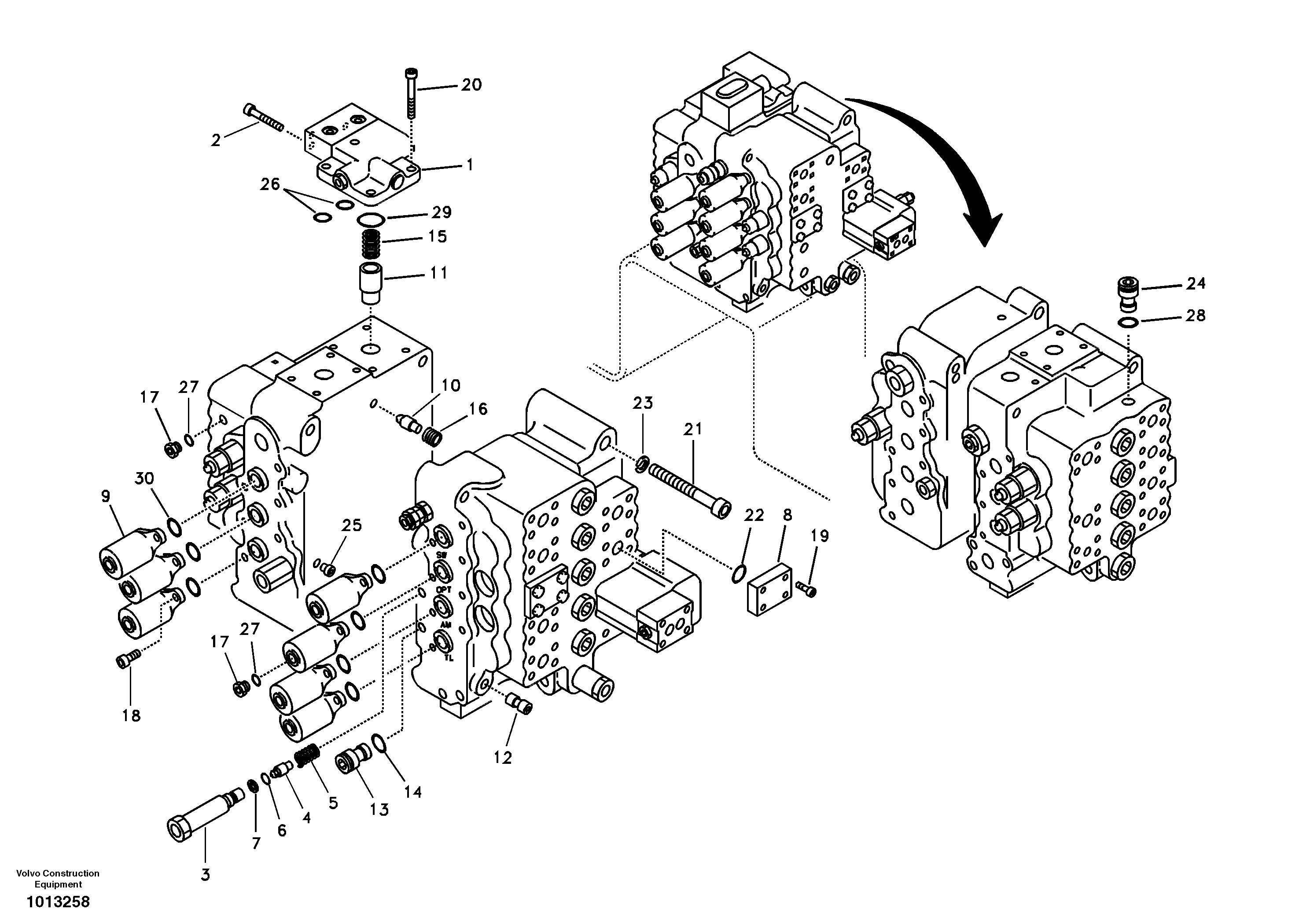 Main control valve, relife valve and boom holding — volvo parts diagram
