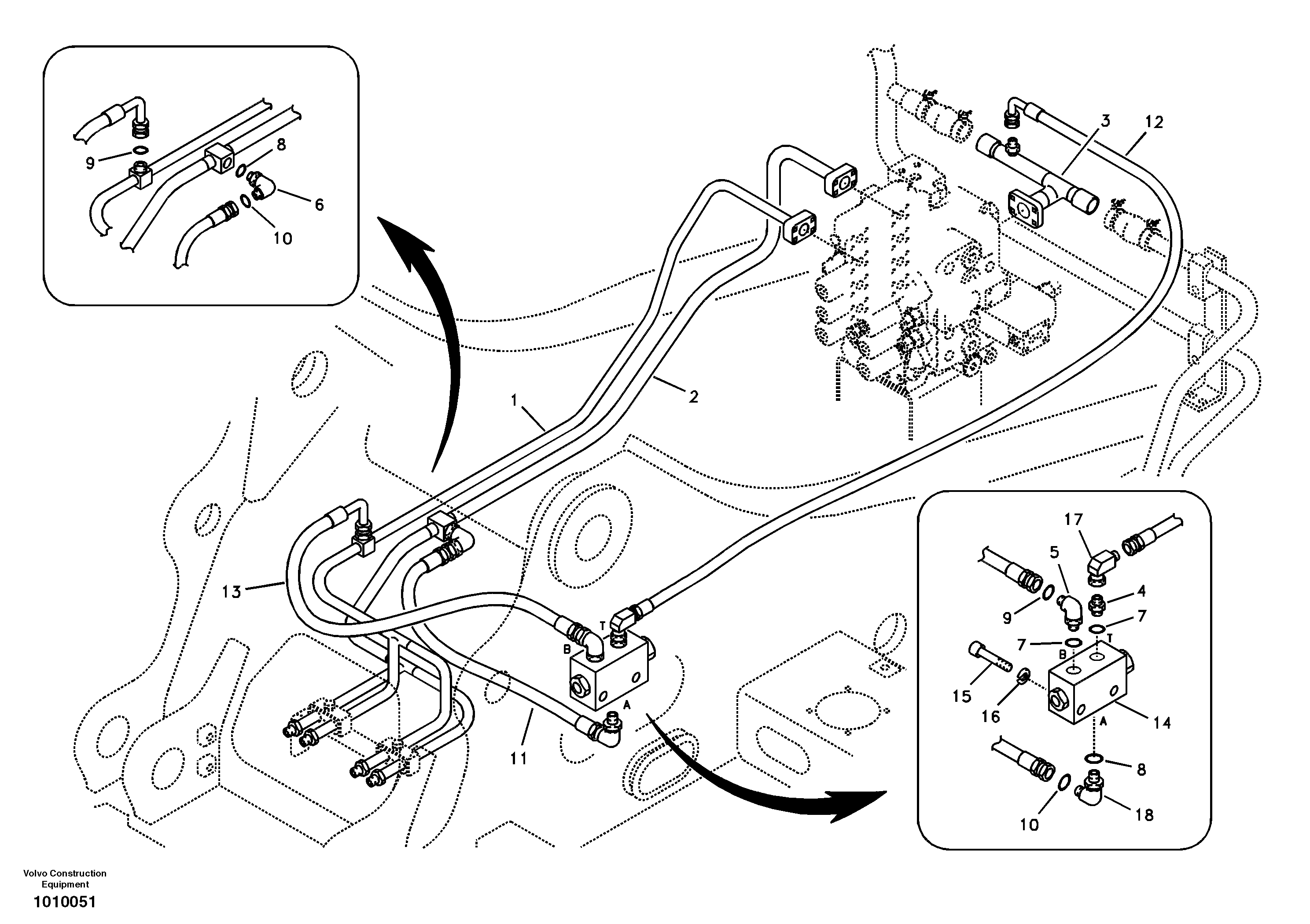 Hydraulic system, control valve to boom and swing — volvo parts diagram