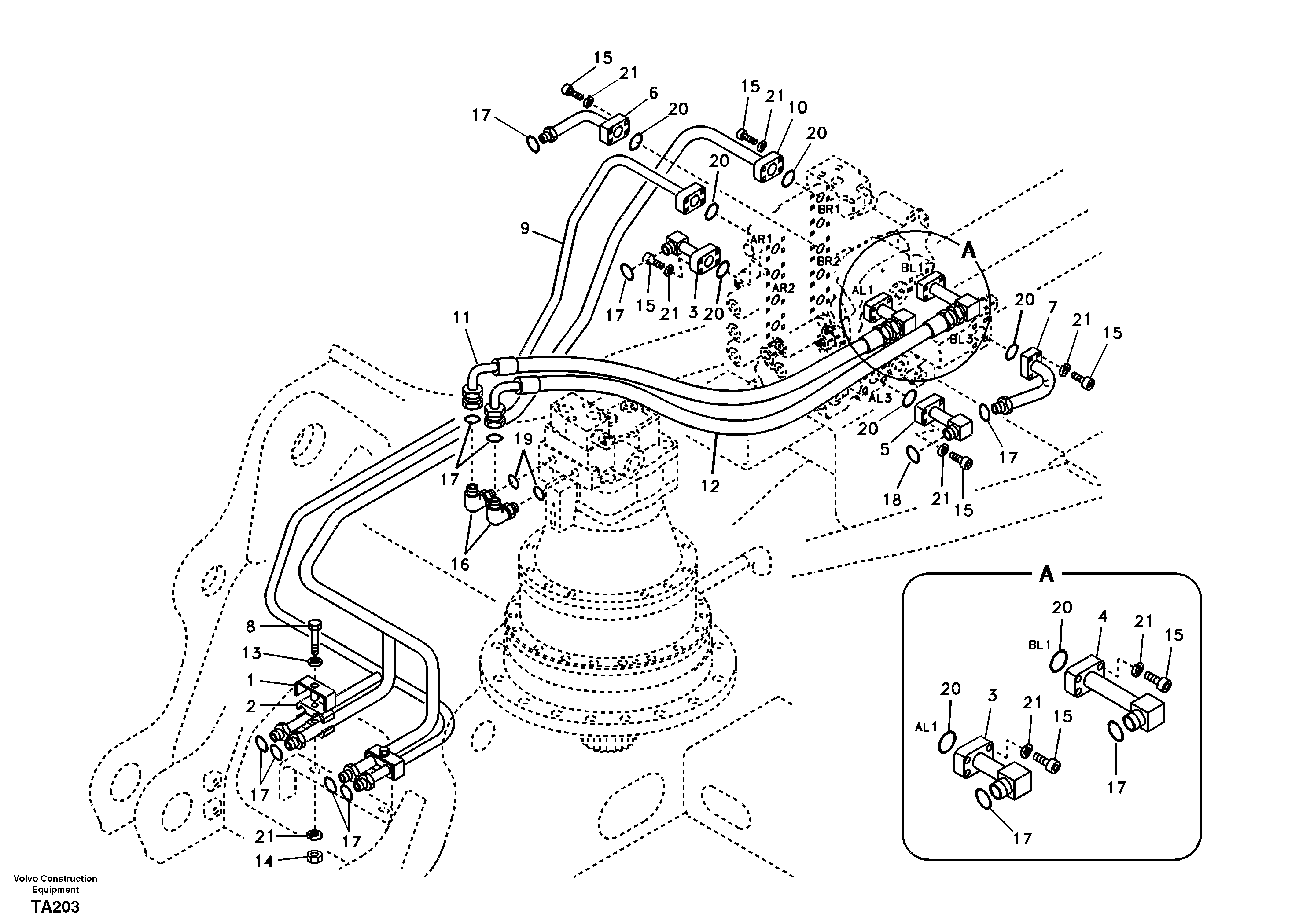 Hydraulic system, control valve to boom and swing — volvo parts diagram