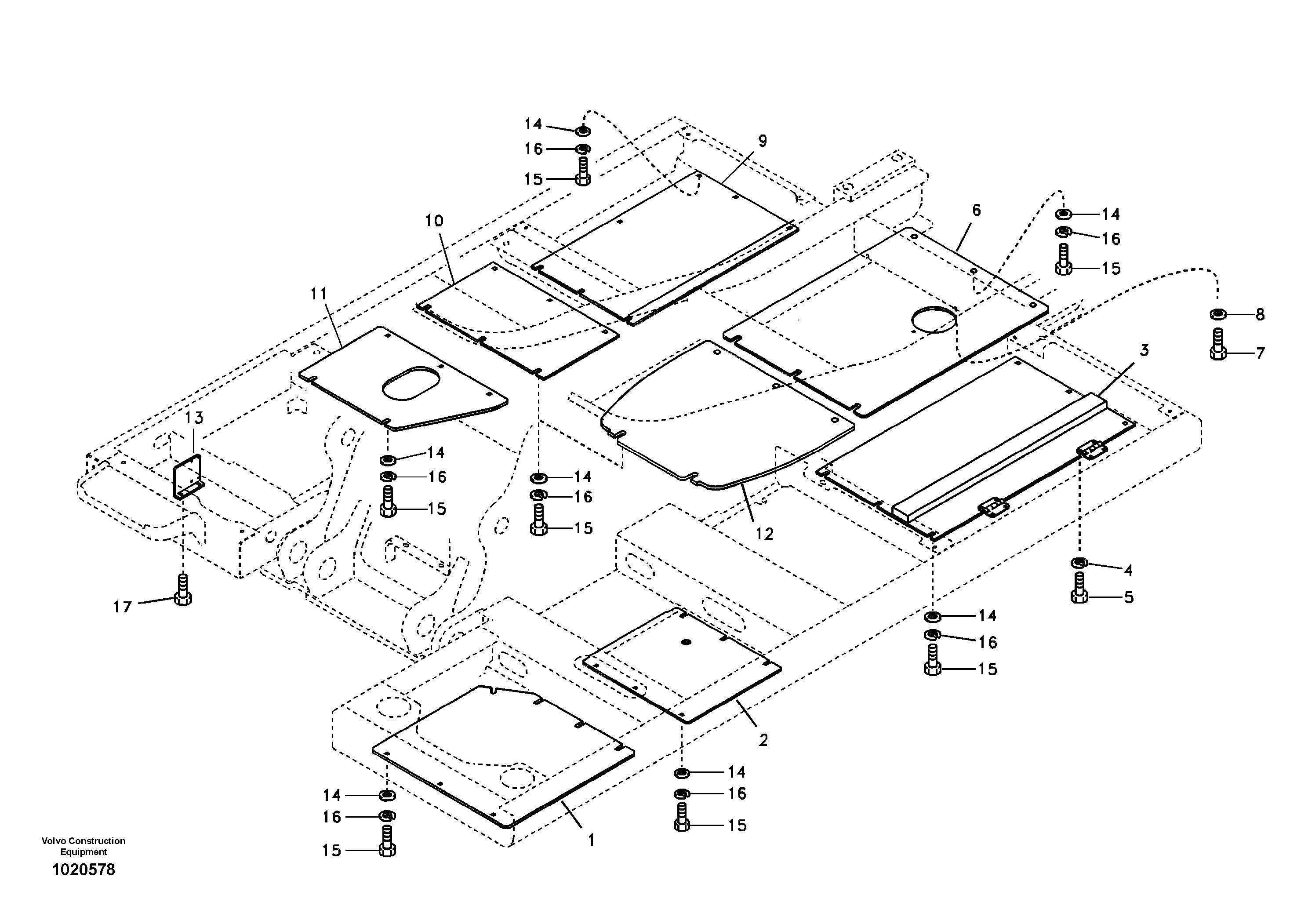 Hatches under engine, hydr.pumps, cooler, m.valve and fuel tank. — volvo parts diagram