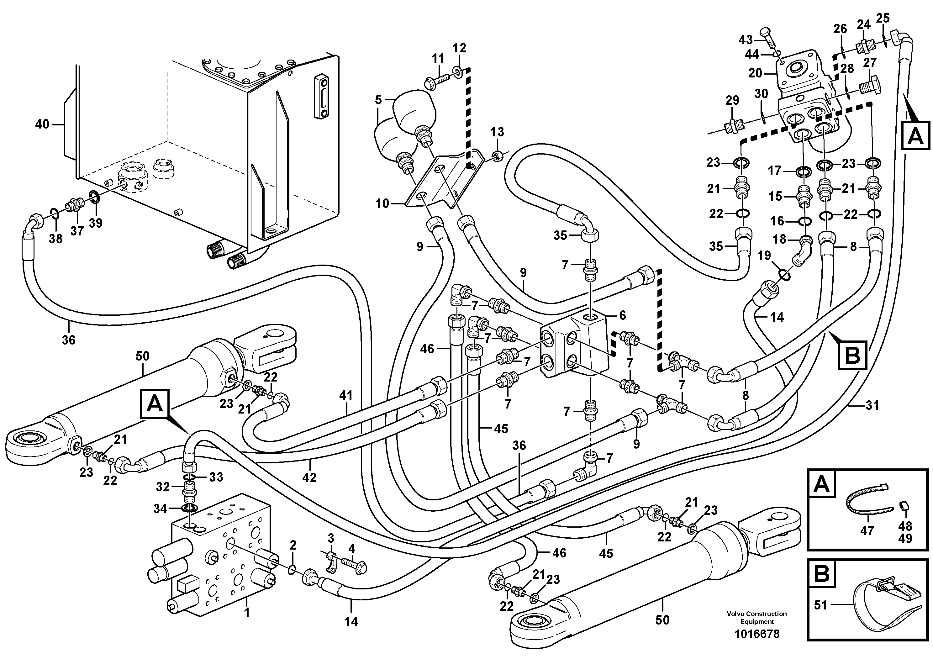 Steering system, pressure and return lines  S/N 20838 -, 66465 - USA, 70888 - BRA, 42188 - IRN — volvo parts diagram