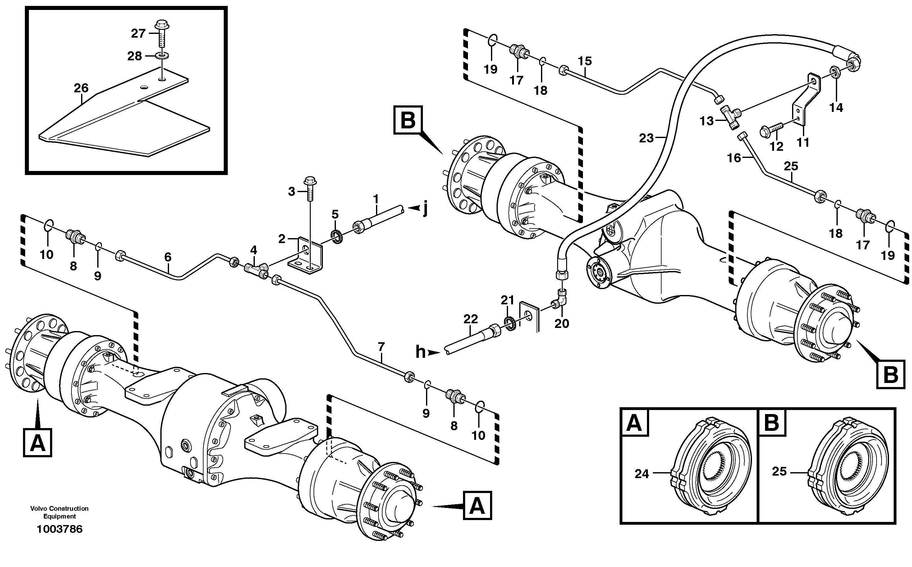 Brake pipes, front axle and rear axle STD, OPEN ROPS — volvo parts diagram