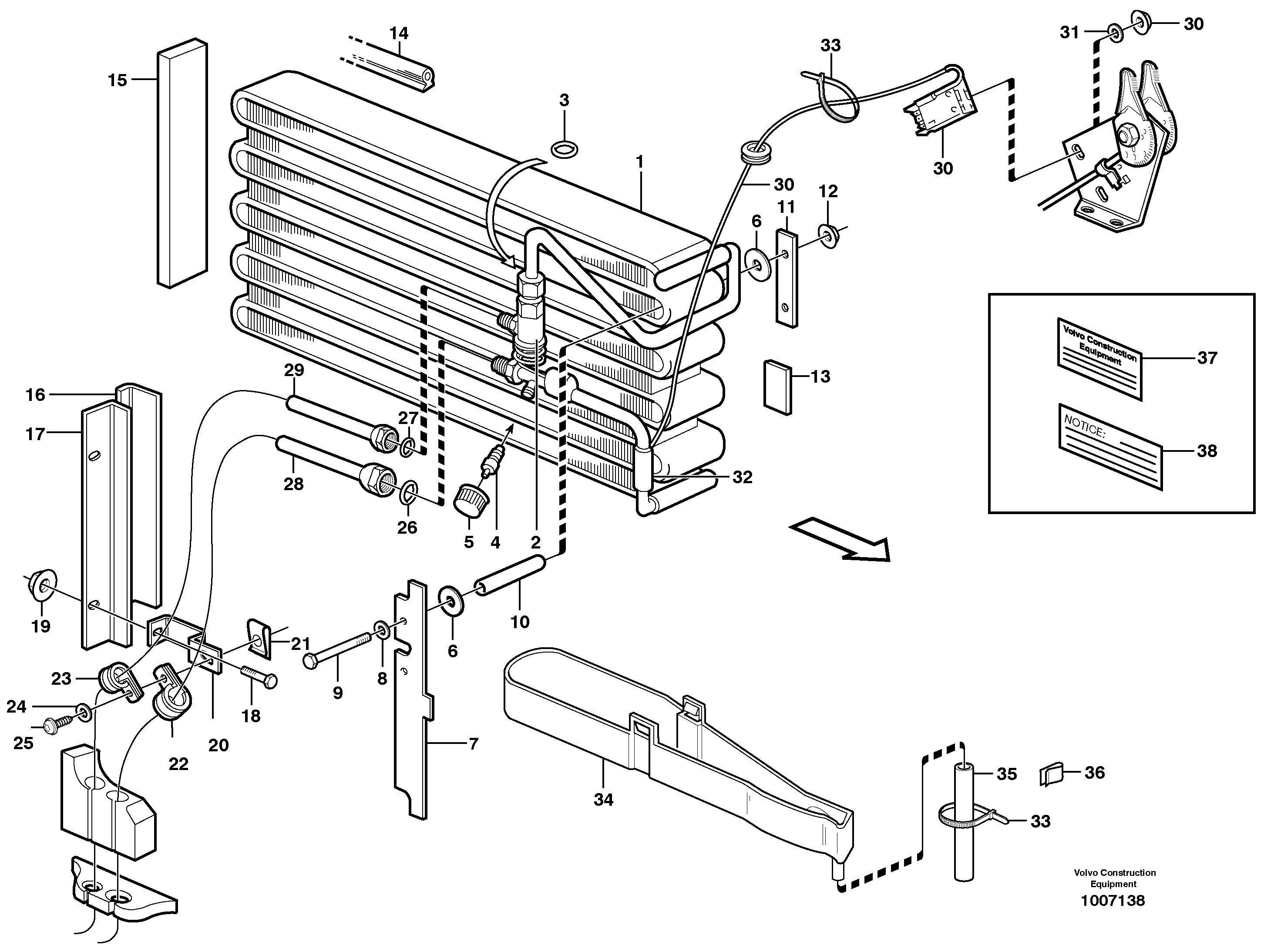 Evaporator for cooling agent R134a with fitting parts. — volvo parts diagram