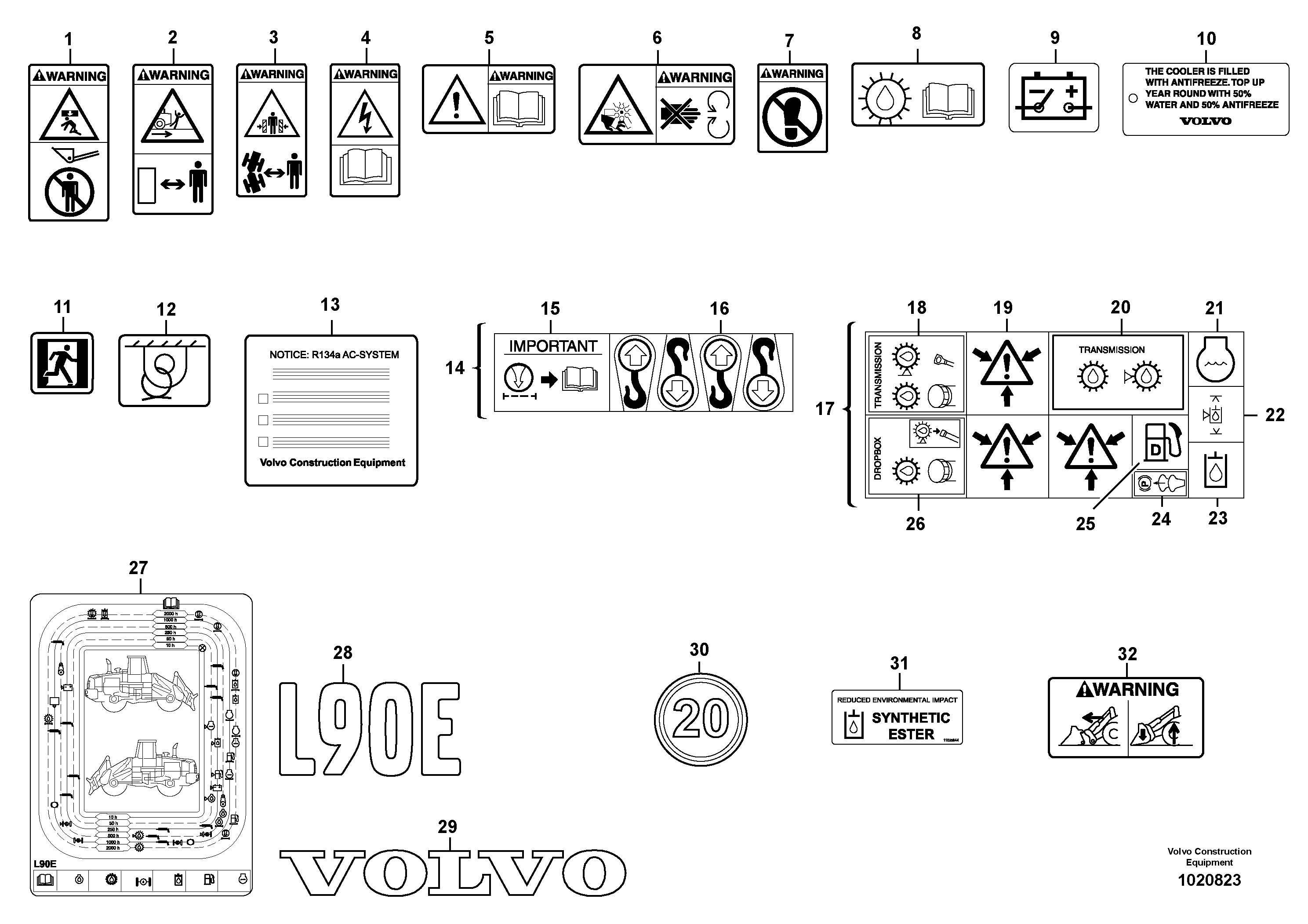 Illustrations of sign plates and decals STD, OPEN ROPS — volvo parts diagram